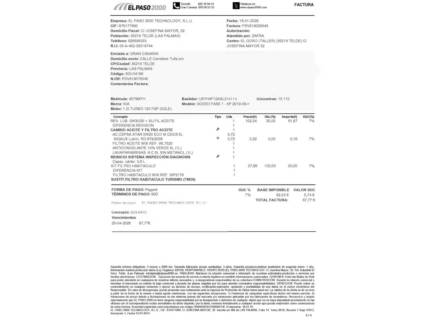 Foto del mantenimiento del KIA XCeed KIA XCeed 1.0 T-GDi Drive (100 CV)