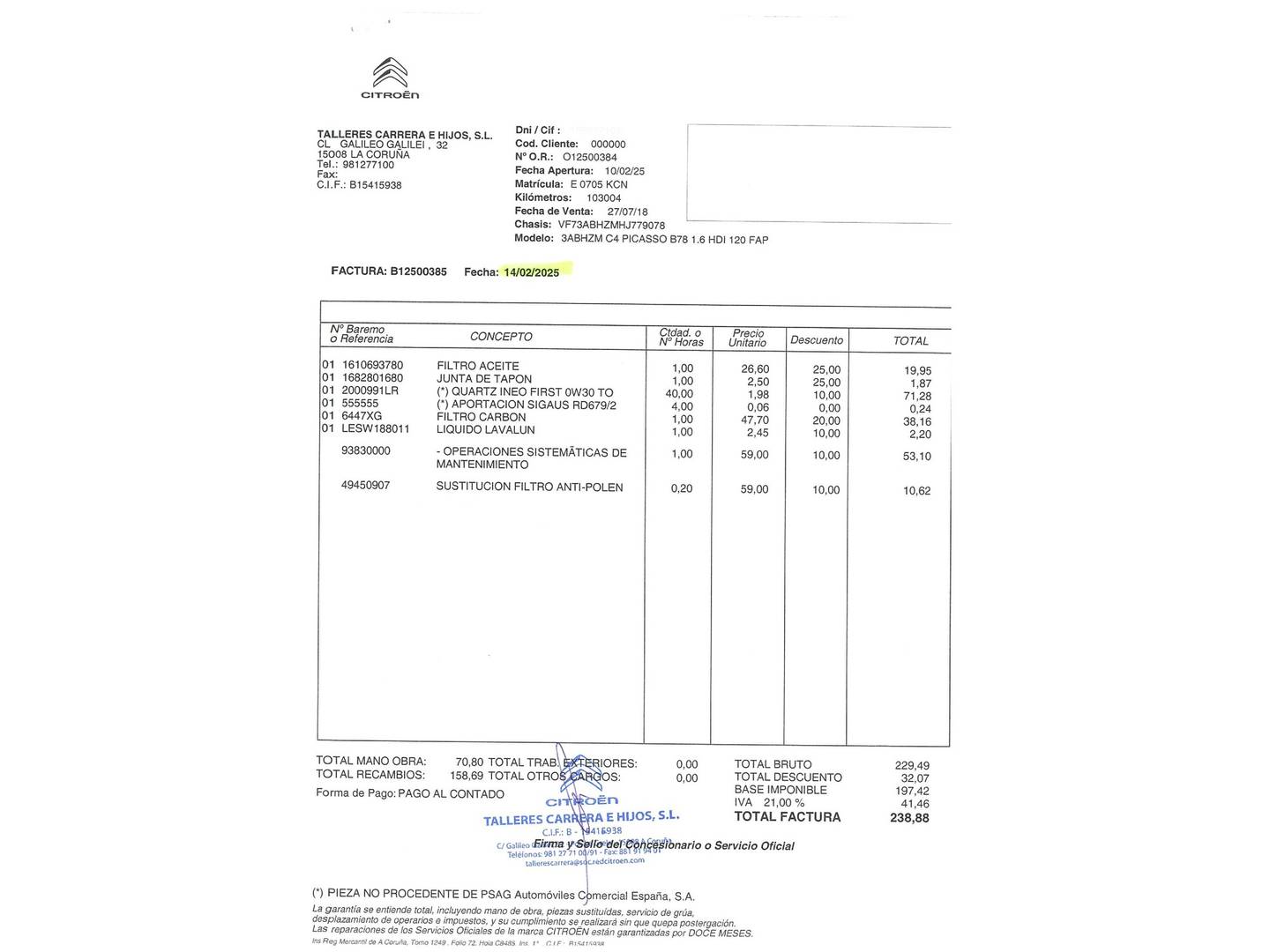 Foto del mantenimiento del Citroën Grand C4 Picasso Citroën Grand C4 Picasso 1.6 BlueHDI Feel S&S (120 CV) 7 Plazas