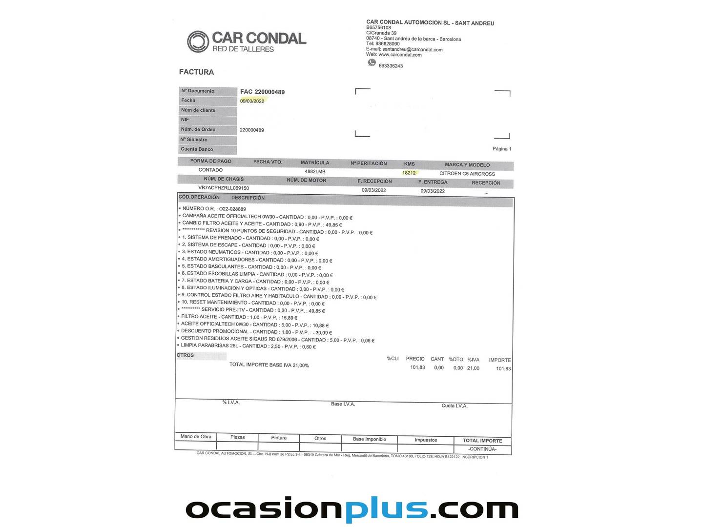 Foto del mantenimiento del Citroën C5 Aircross Citroën C5 Aircross BlueHdi 130 S&S Shine EAT8 (131 CV)