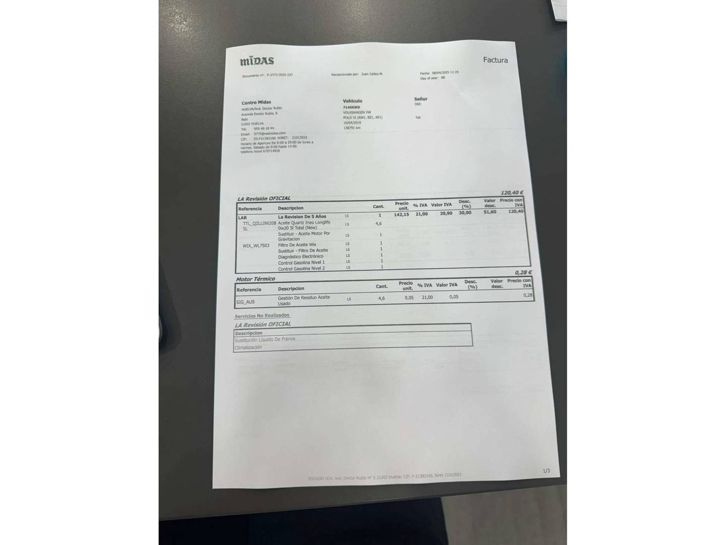 Foto del mantenimiento del Volkswagen Polo Volkswagen Polo Edition 1.0 (80 CV)