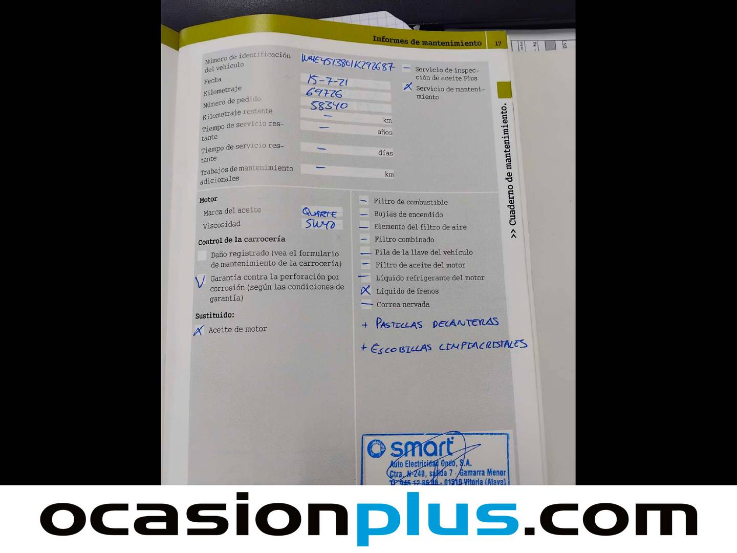 Foto del mantenimiento del Smart fortwo Smart ForTwo Coupé 52 mhd Pure (71 CV)