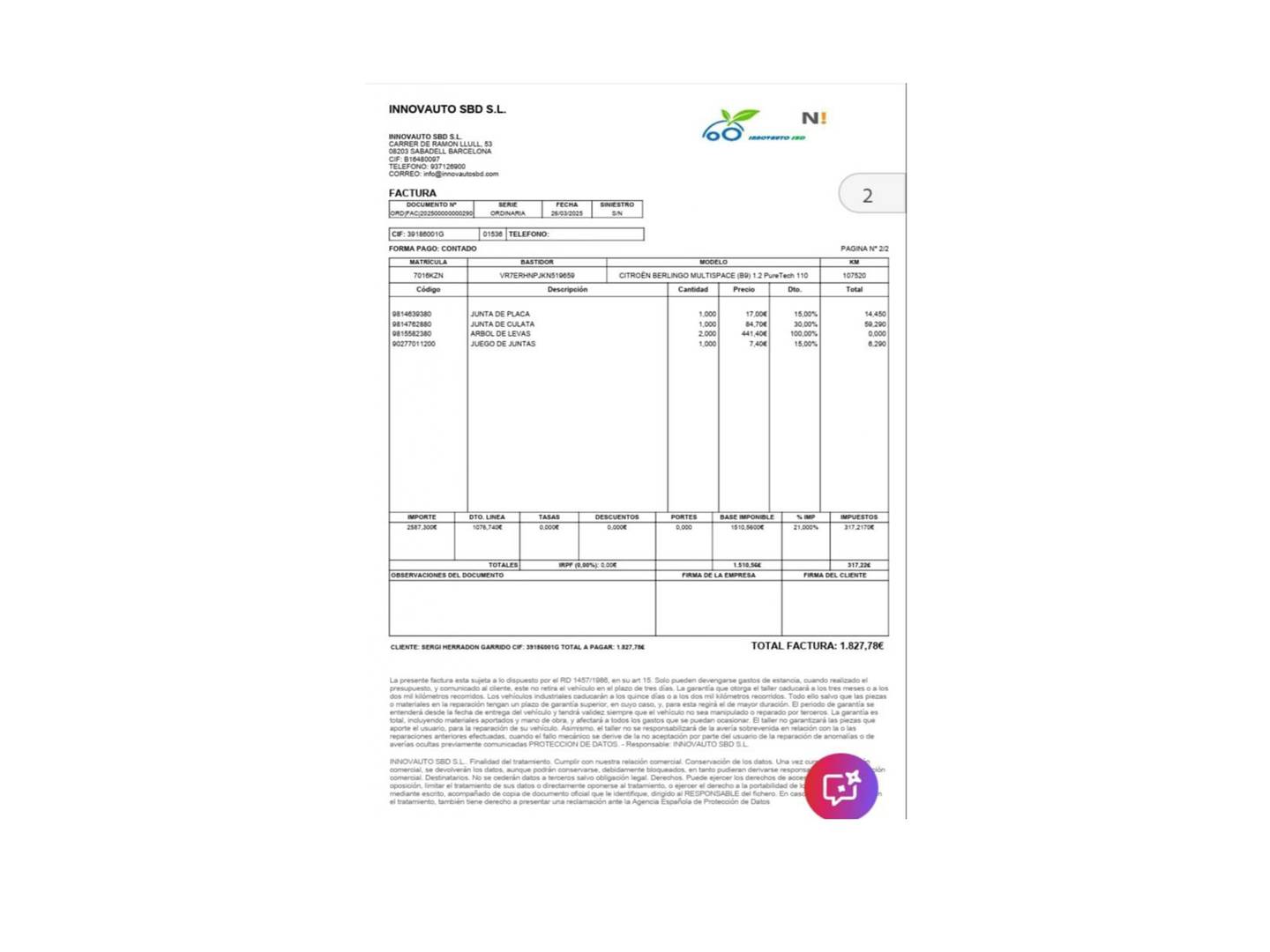 Foto del mantenimiento del Citroën Berlingo Citroën Berlingo Combi PureTech 110 S&S Talla M Feel (110 CV)