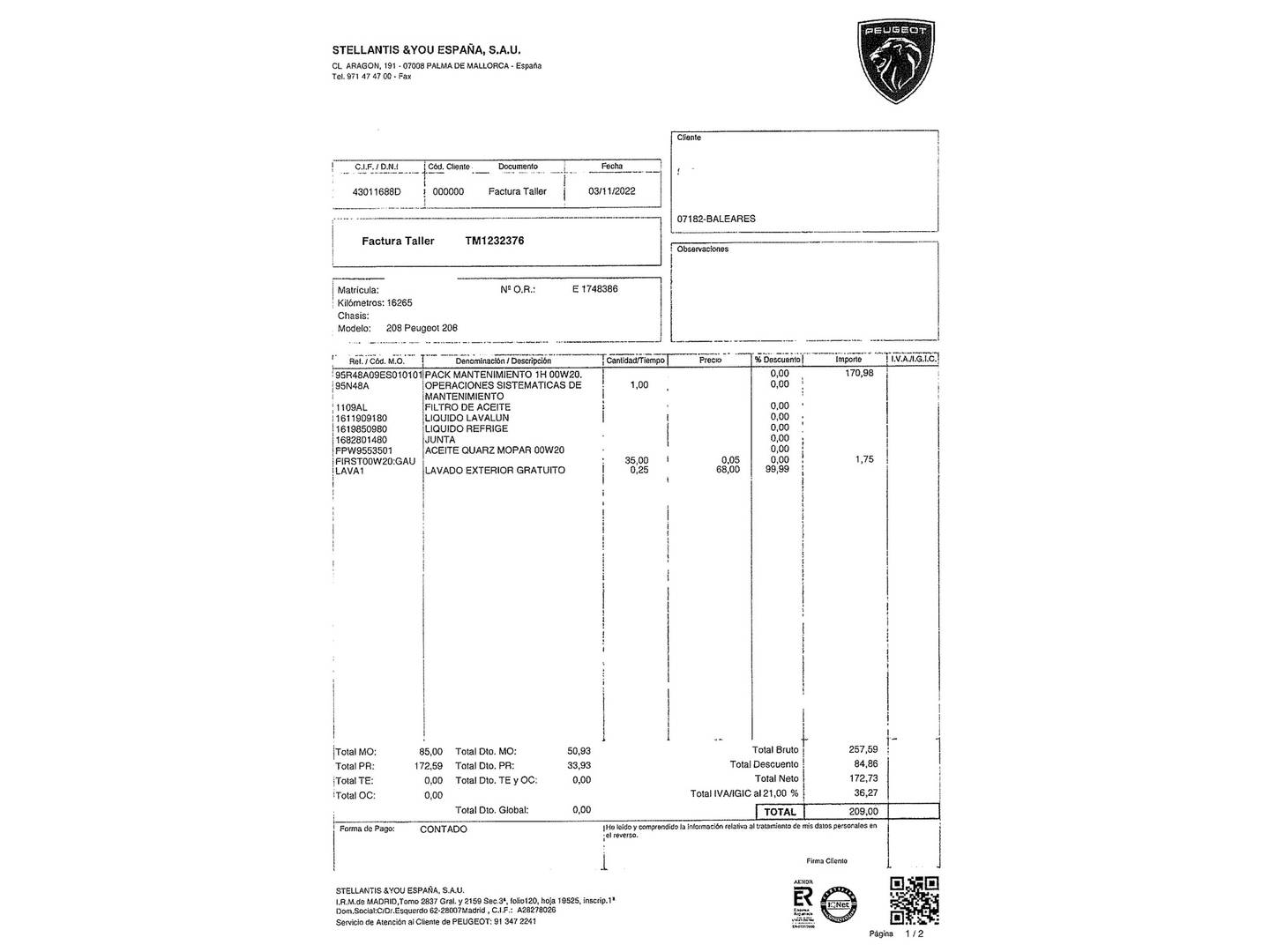 Foto del mantenimiento del Peugeot 208 Peugeot 208 PureTech 100 Active Pack (100 CV)