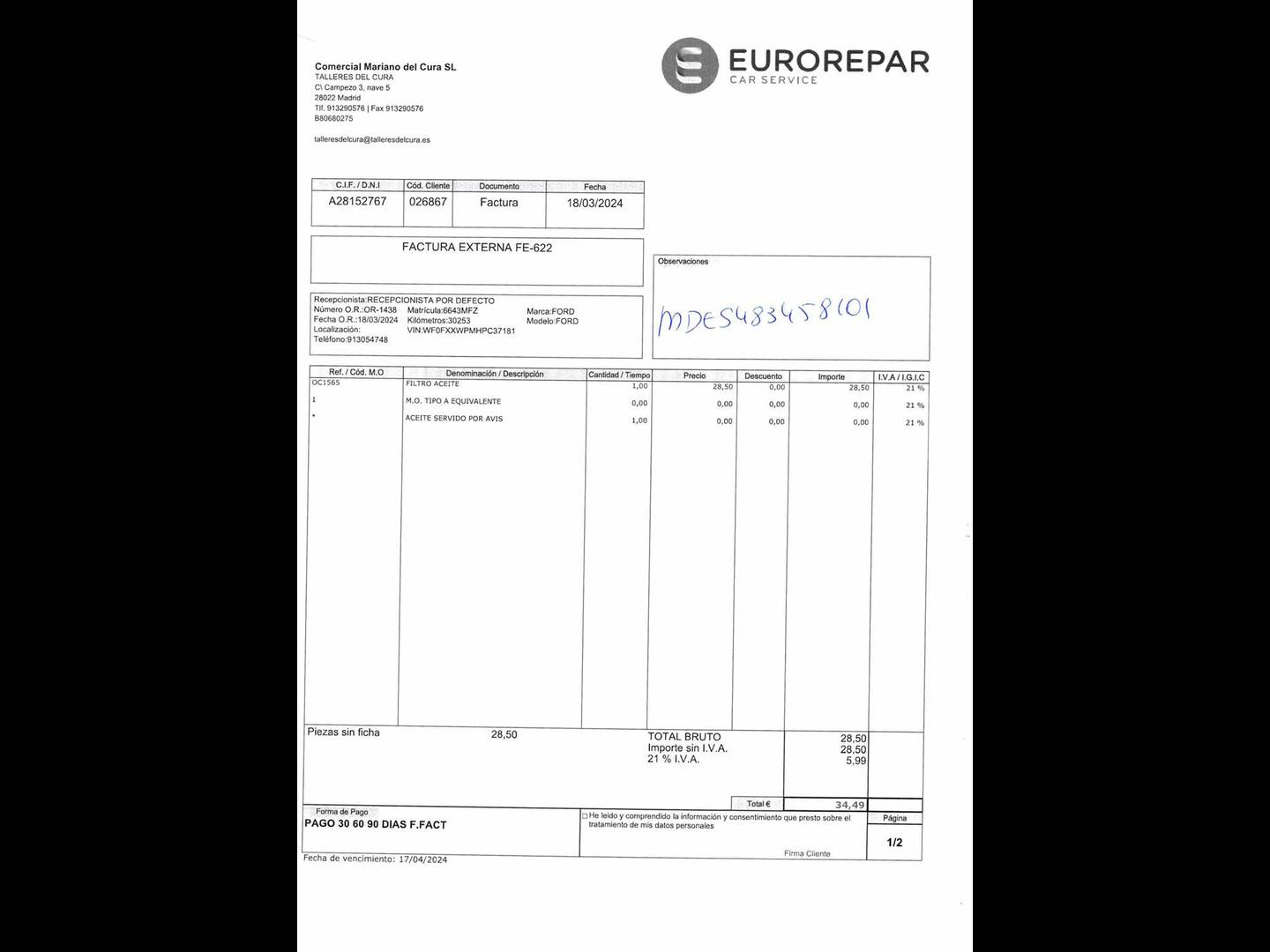 Foto del mantenimiento del Ford Kuga Ford Kuga 2.5 Duratec PHEV ST-Line Auto (225 CV)