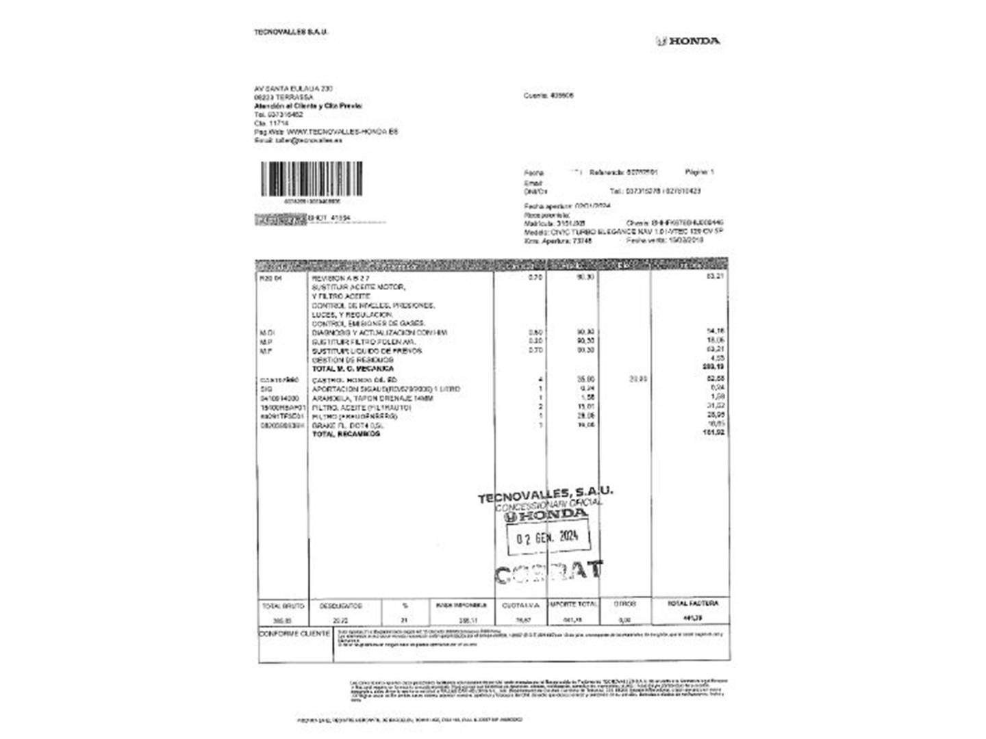 Foto del mantenimiento del Honda Civic Honda Civic 1.0 I-VTEC TURBO Elegance (129 CV)