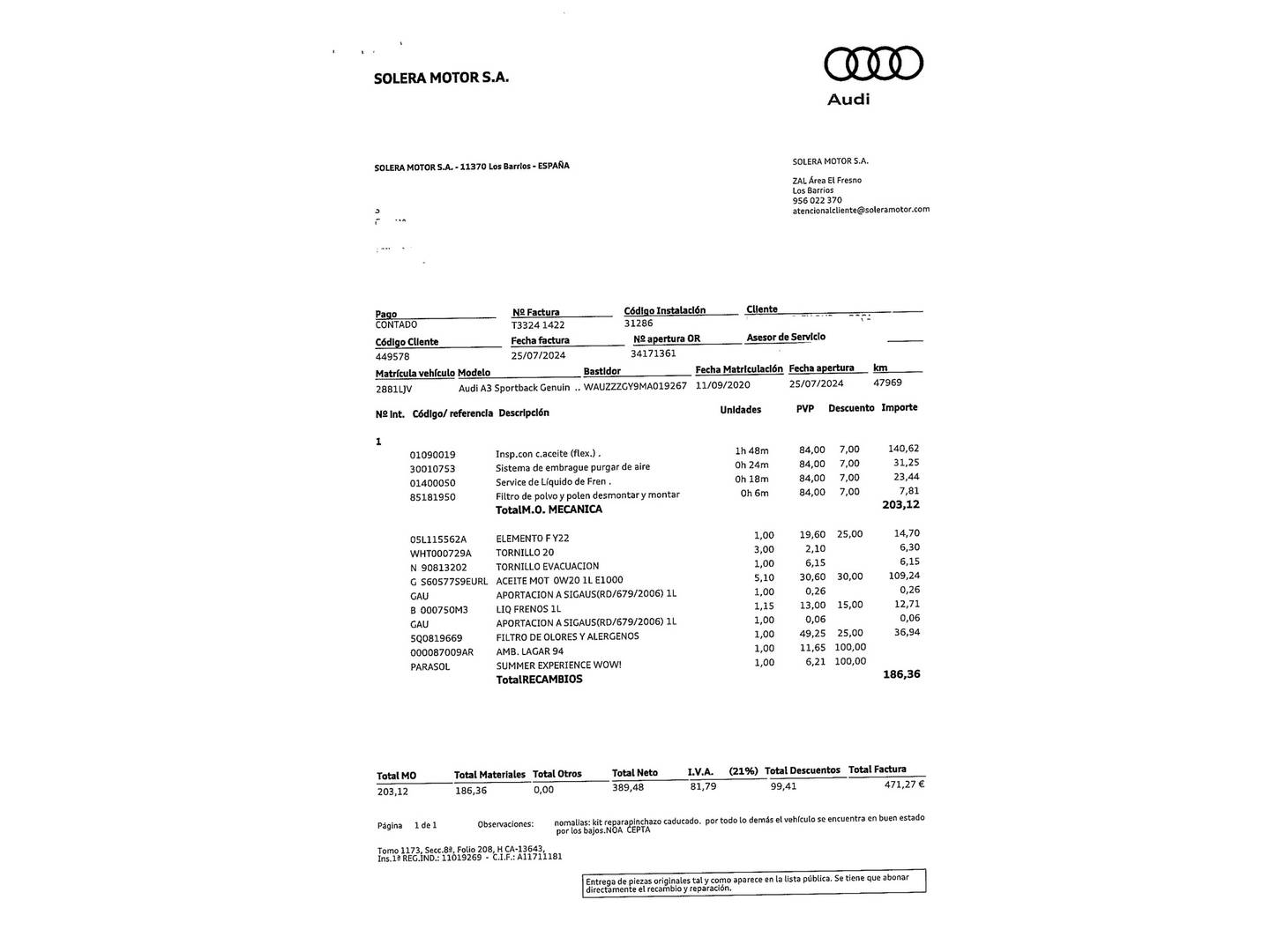 Foto del mantenimiento del Audi A3 Audi A3 Sportback Genuine edition 30 TDI (116 CV) Pack S-Line