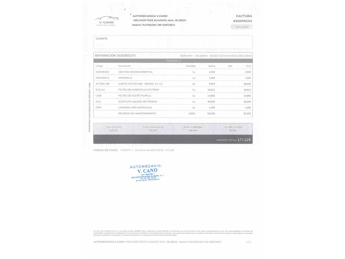 Foto del mantenimiento del Skoda Octavia Skoda Octavia 1.6 TDI CR Ambition DSG (105 CV)