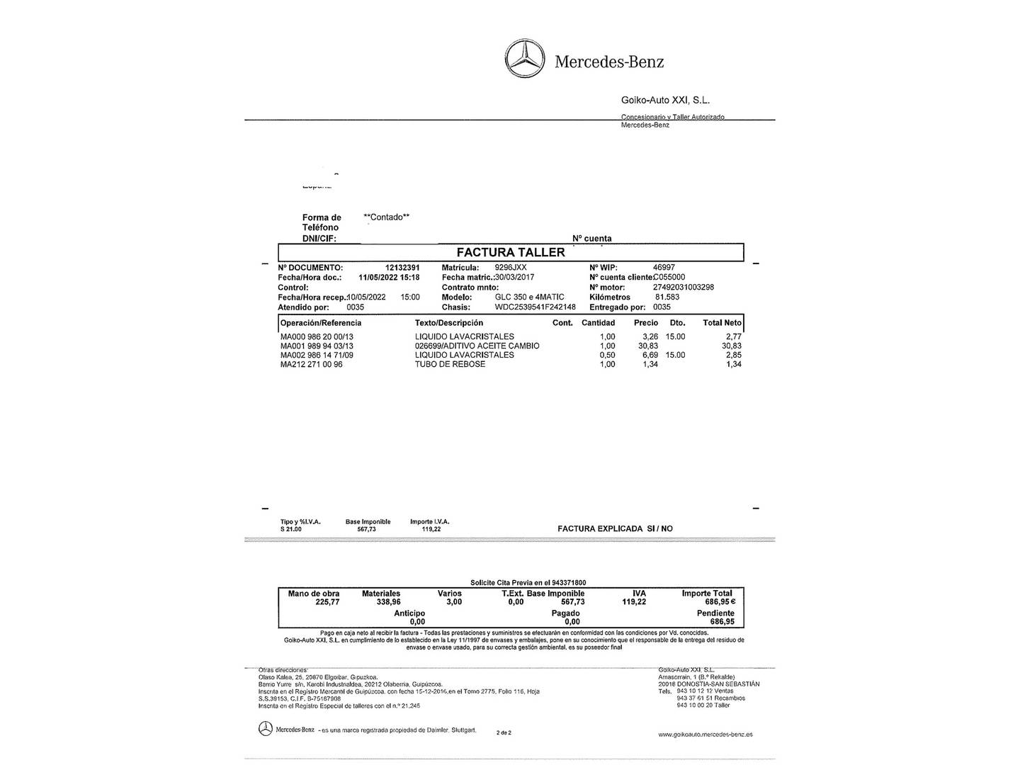 Foto del mantenimiento del Mercedes Clase GLC Mercedes GLC GLC 350 e 4Matic (320 CV)