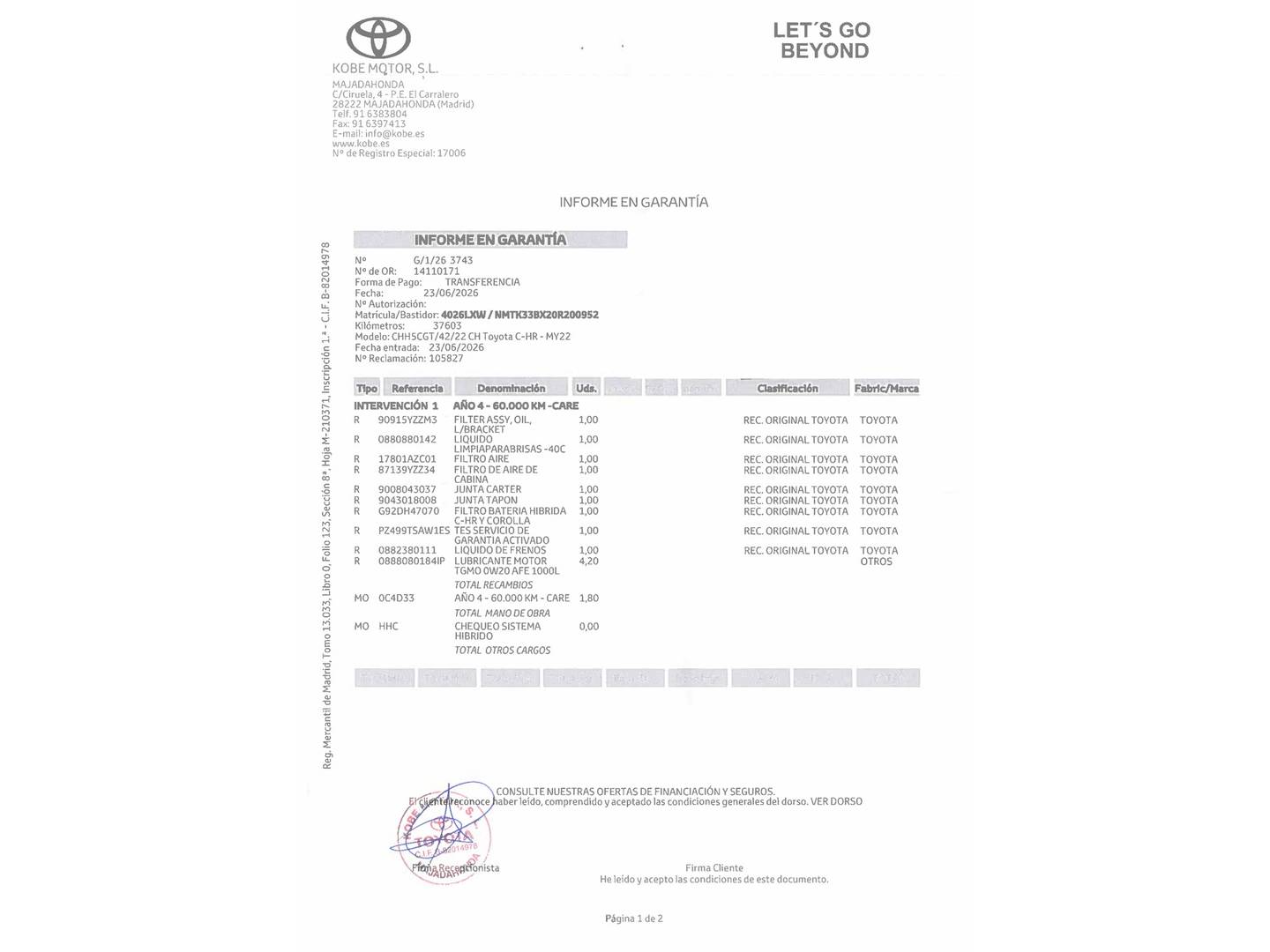 Foto del mantenimiento del Toyota C-HR Toyota C-HR 1.8 125H Advance (122 CV)