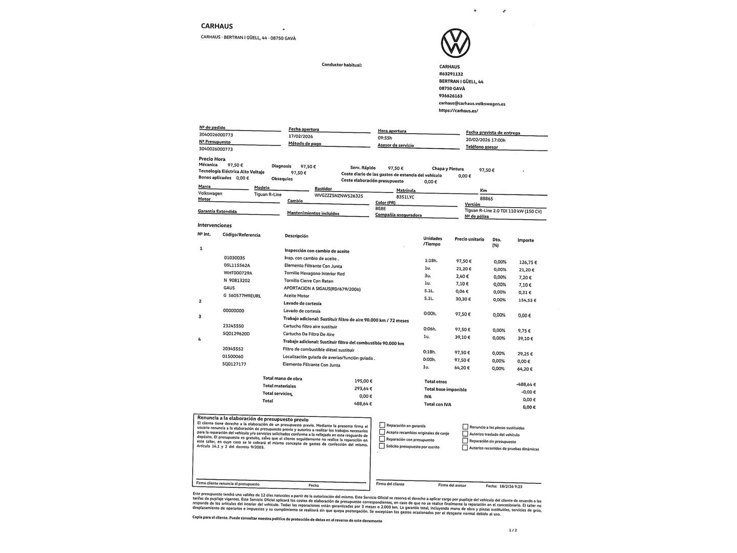 Foto del mantenimiento del Volkswagen Tiguan Volkswagen Tiguan R-Line 2.0 TDI (150 CV) DSG