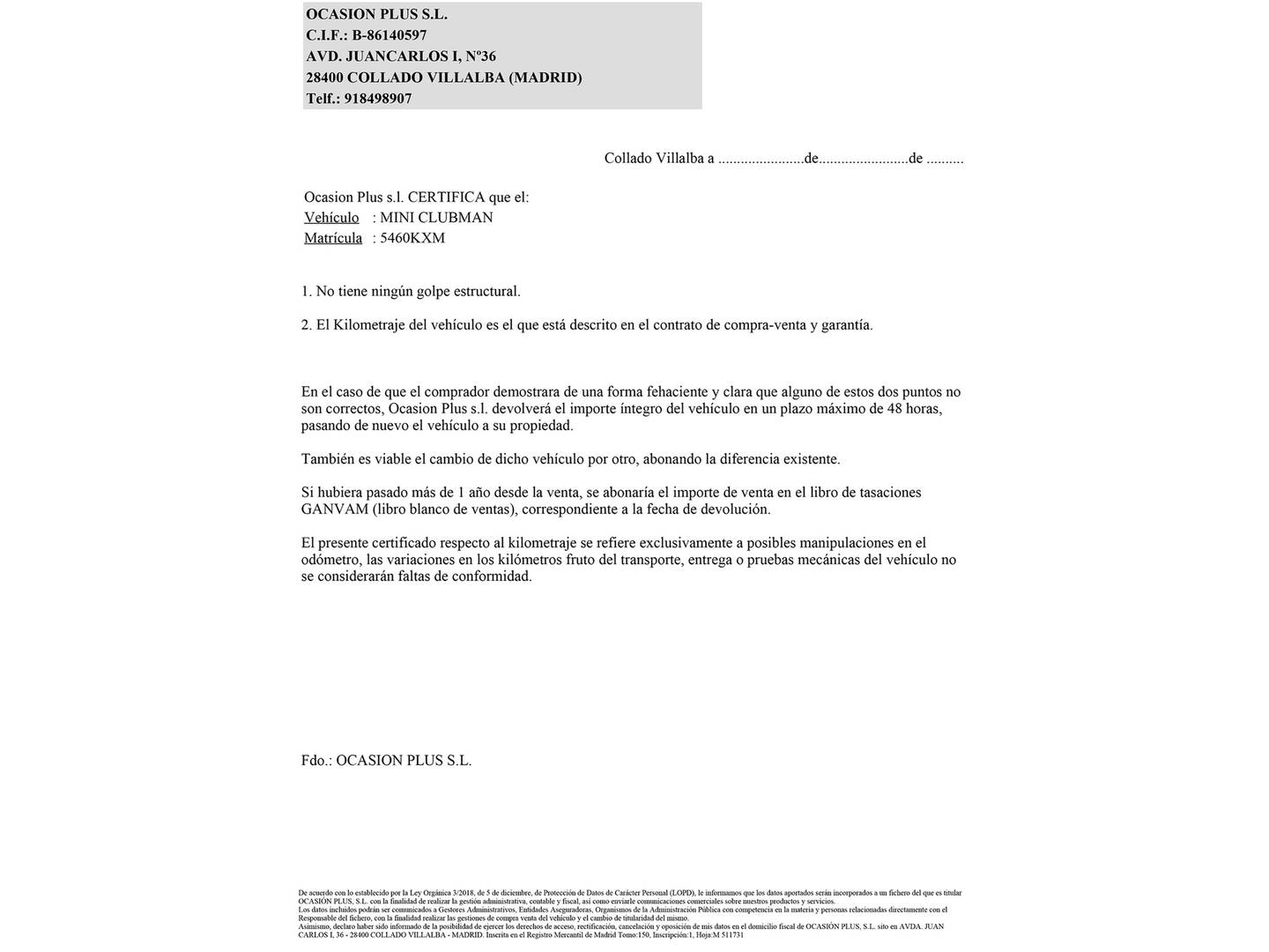 Foto del certificado del Mini CLUBMAN Mini MINI Clubman Cooper (136 CV)