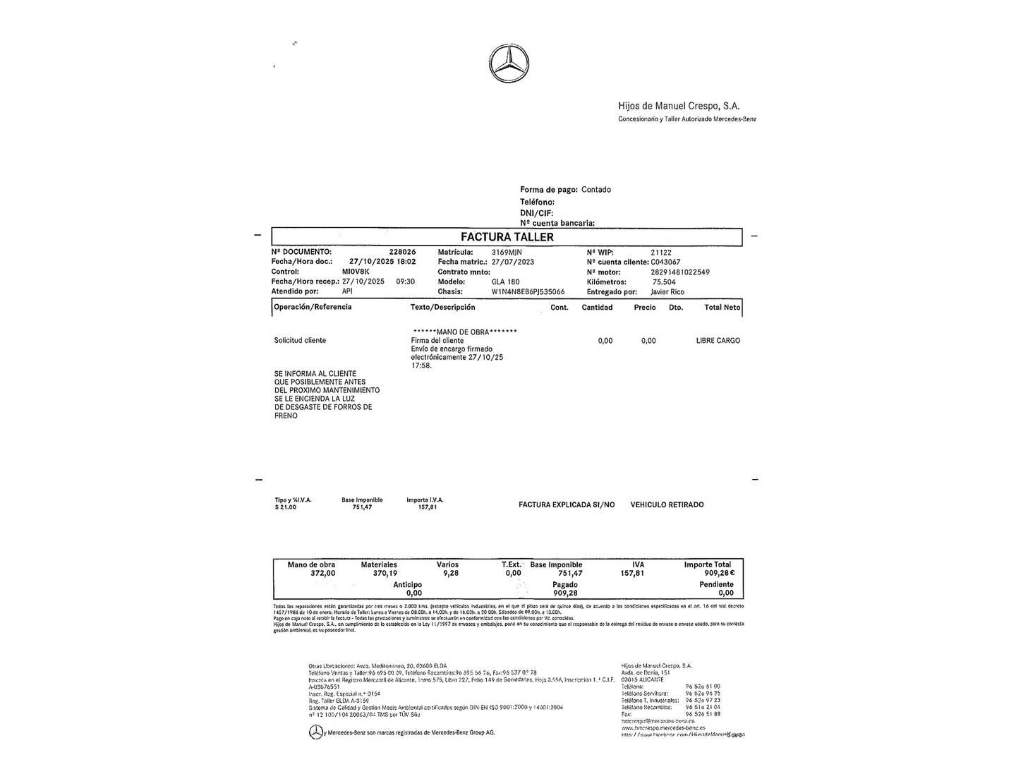 Foto del mantenimiento del Mercedes GLA Mercedes GLA 180 (136 CV)