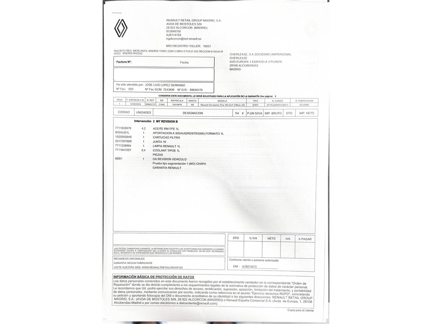 Foto del mantenimiento del Renault Clio Renault Clio Techno TCe (100 CV) GLP