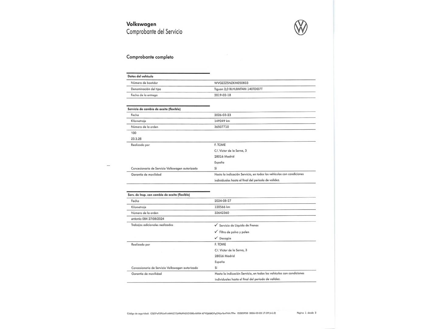 Foto del mantenimiento del Volkswagen Tiguan Allspace Volkswagen Tiguan Allspace 2.0 TDI 4Motion (190 CV) DSG 7 Plazas Pack R-Line