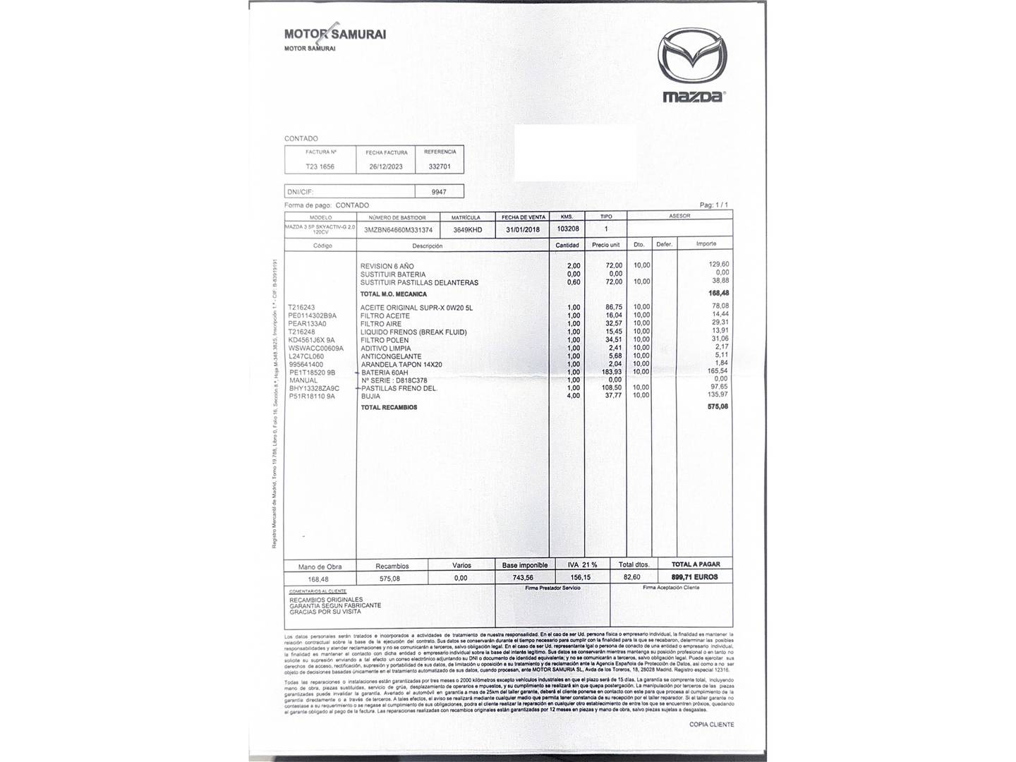 Foto del mantenimiento del Mazda Mazda3 Mazda Mazda 3 2.0 GE Black Tech Edition MT (120 CV)