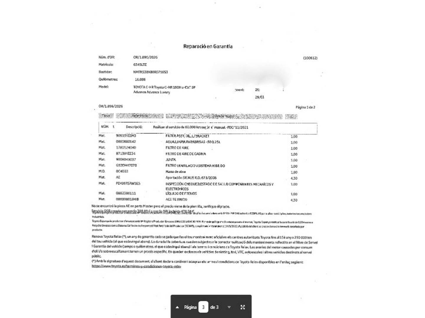 Foto del mantenimiento del Toyota C-HR Toyota C-HR 180H Advance (184 CV)