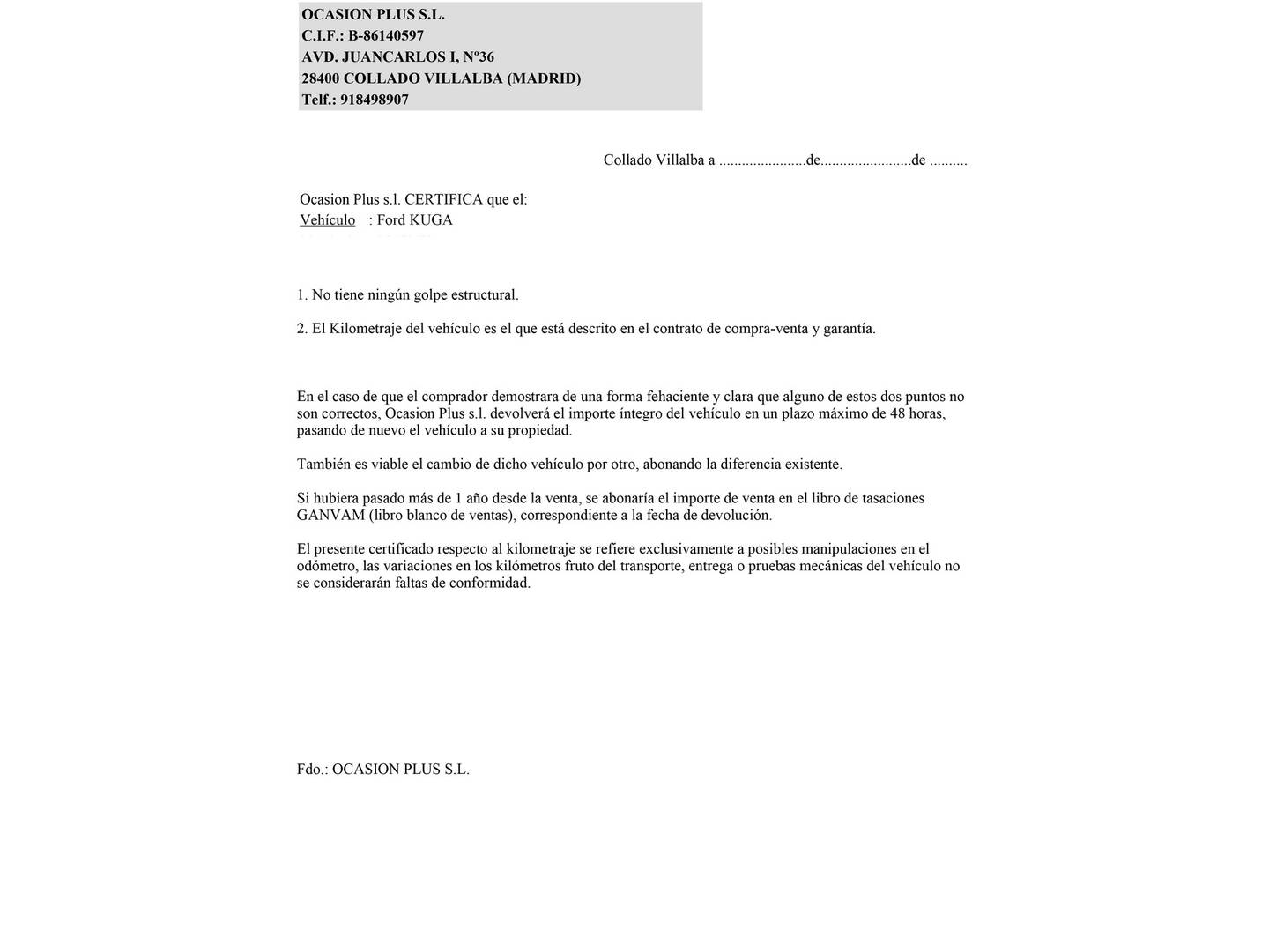 Foto del certificado del Ford Kuga Ford Kuga 1.5 EcoBlue ST-Line (120 CV)