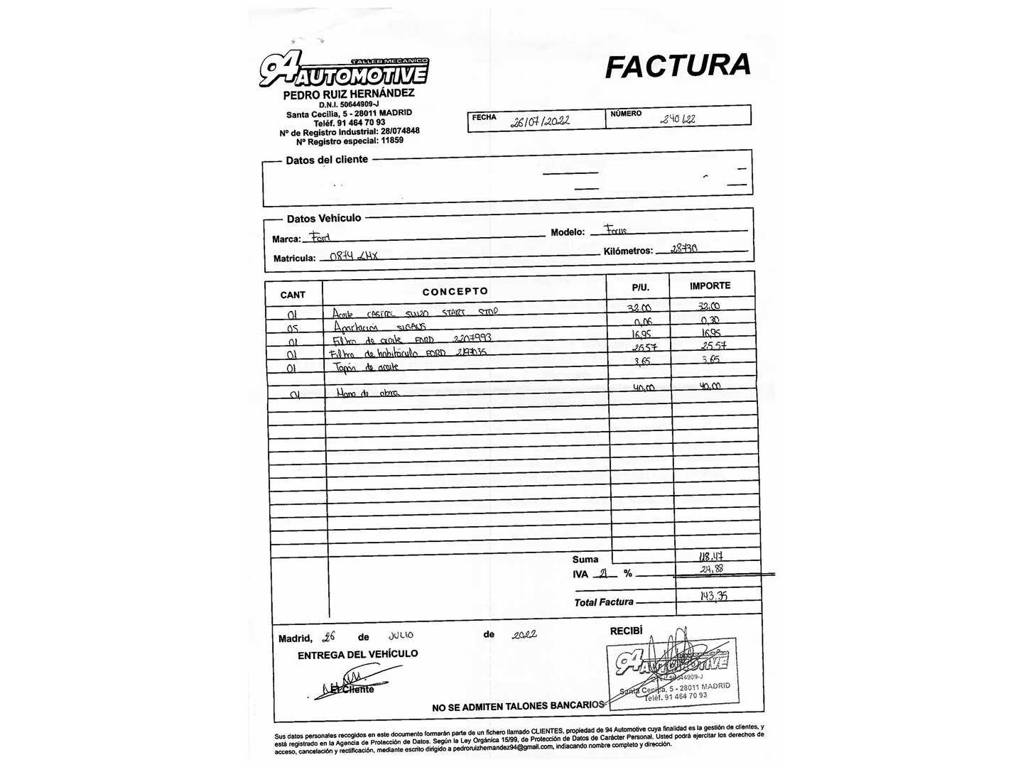 Foto del mantenimiento del Ford Focus Ford Focus 1.0 Ecoboost MHEV ST-Line (125 CV)