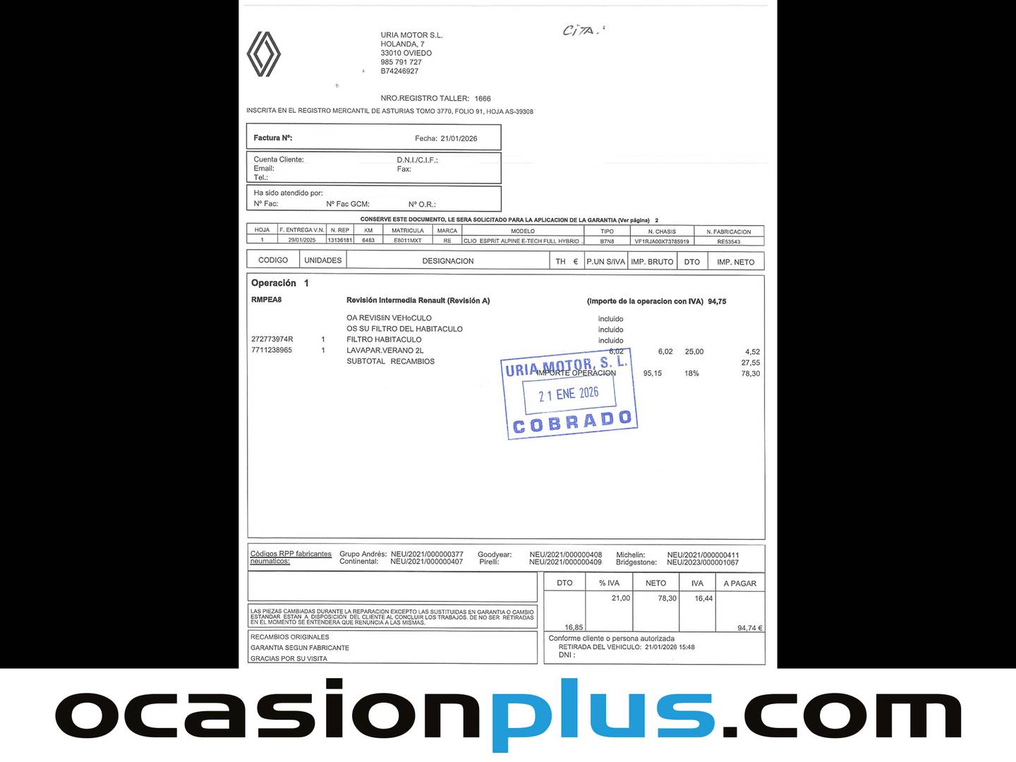 Foto del mantenimiento del Renault Clio Renault Clio Esprit Alpine E-Tech (143 CV)