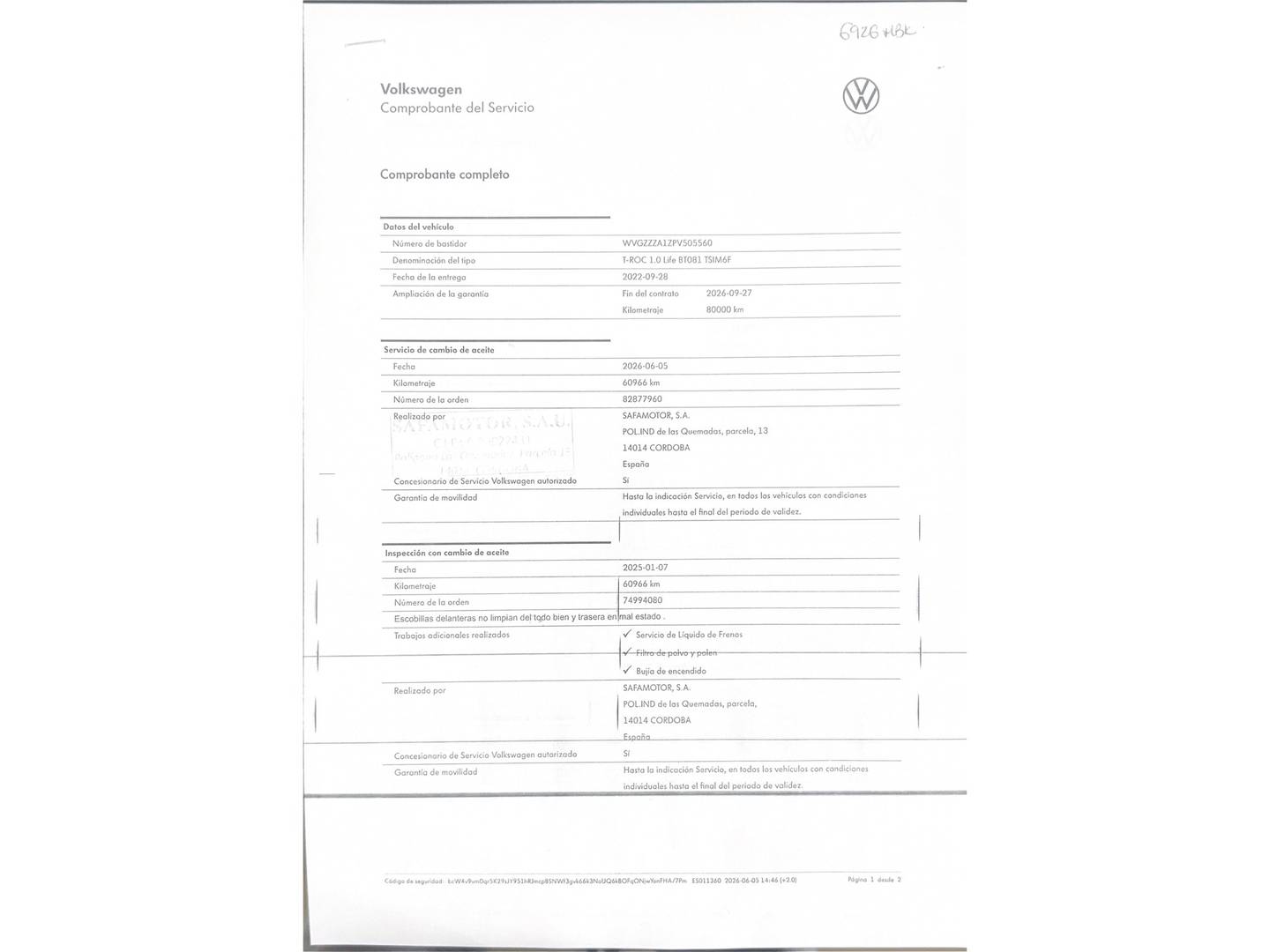 Foto del mantenimiento del Volkswagen T-Roc Volkswagen T-Roc Life 1.0 TSI (110 CV)