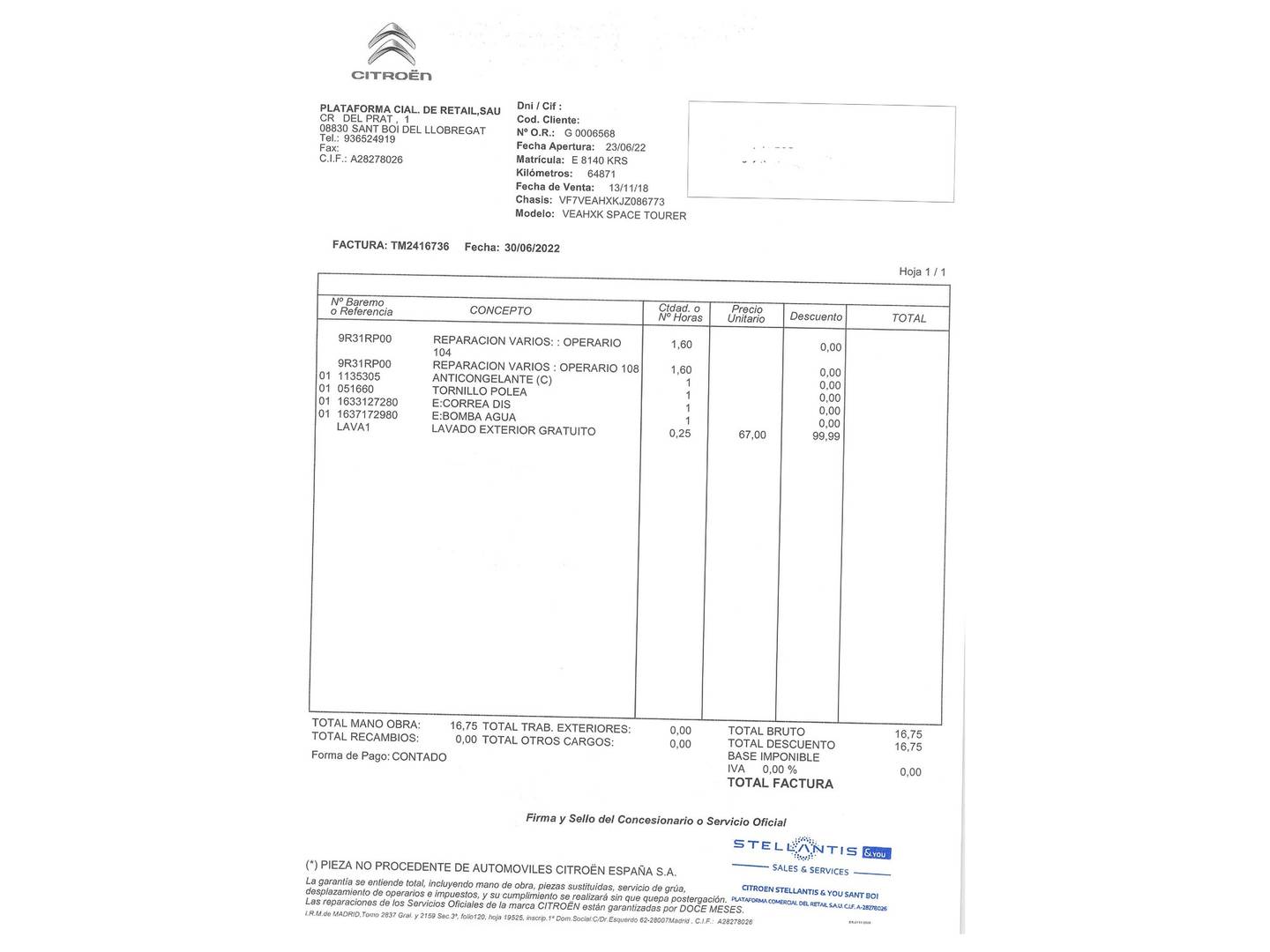 Foto del mantenimiento del Citroën Spacetourer Citroën Spacetourer BlueHDi 150 S&S Feel Talla M (150 CV) 8 plazas