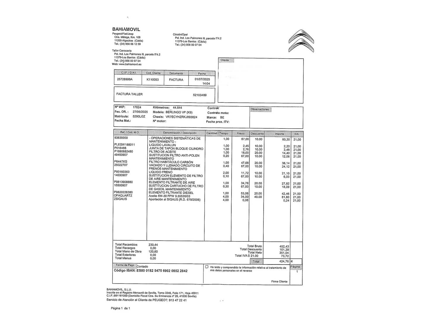 Foto del mantenimiento del Citroën Berlingo Citroen Berlingo BlueHDi 130 S&S Talla XL Shine EAT8 (130 CV)