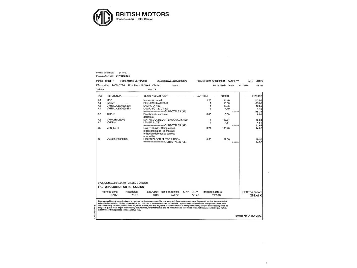 Foto del mantenimiento del MG ZS EV MG ZS EV 45kWh Comfort (143 CV)