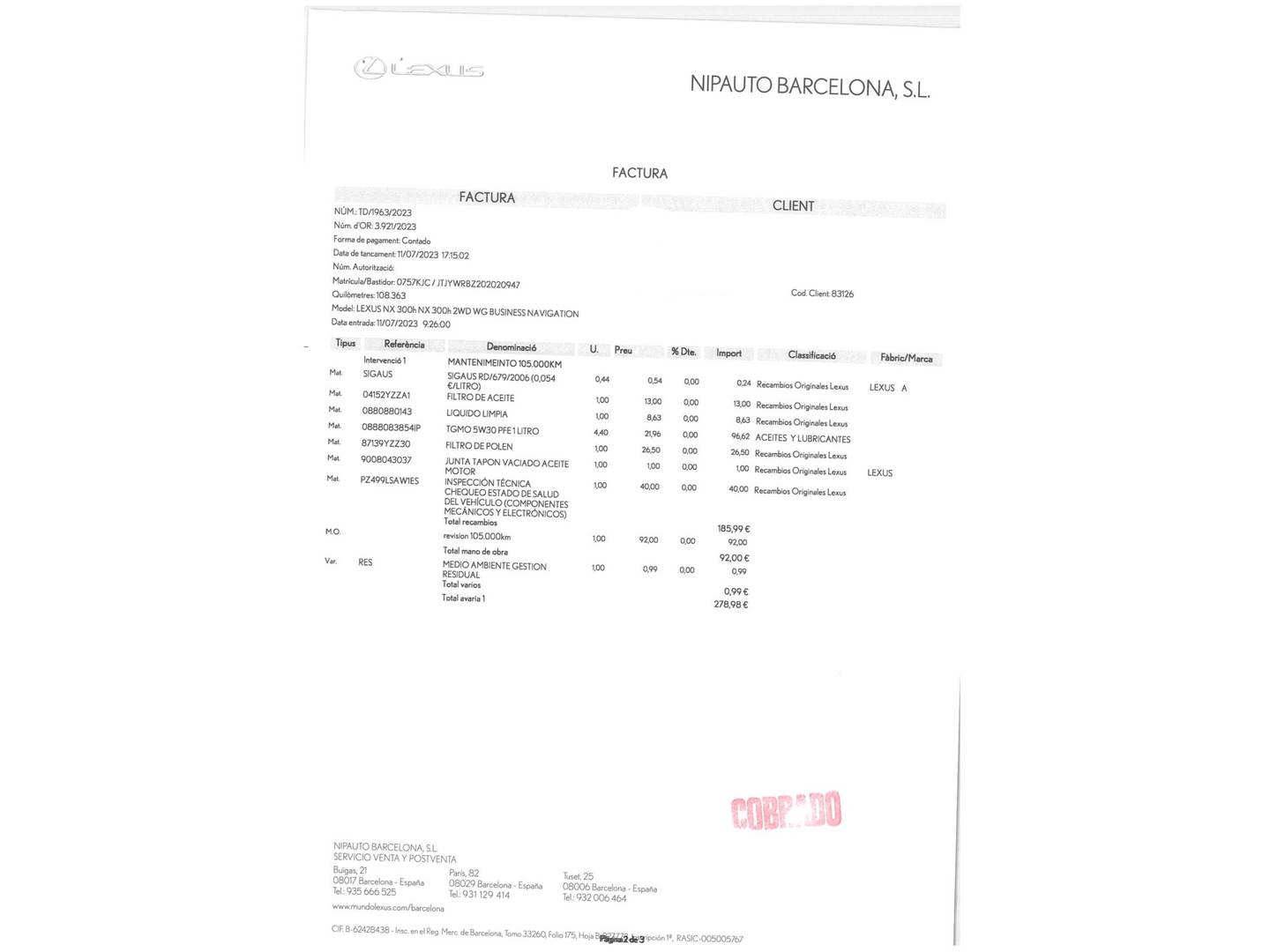 Foto del mantenimiento del Lexus NX Lexus NX 300h Business 2WD (197 CV)