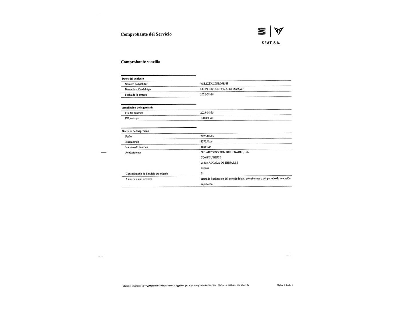 Foto del mantenimiento del Seat León Seat León 1.0 eTSI S&S Style Go S DSG (110 CV)