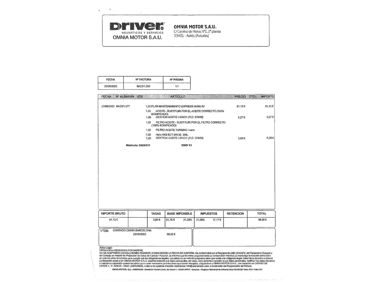 Foto del mantenimiento del BMW X1 BMW X1 sDrive18d (143 CV)
