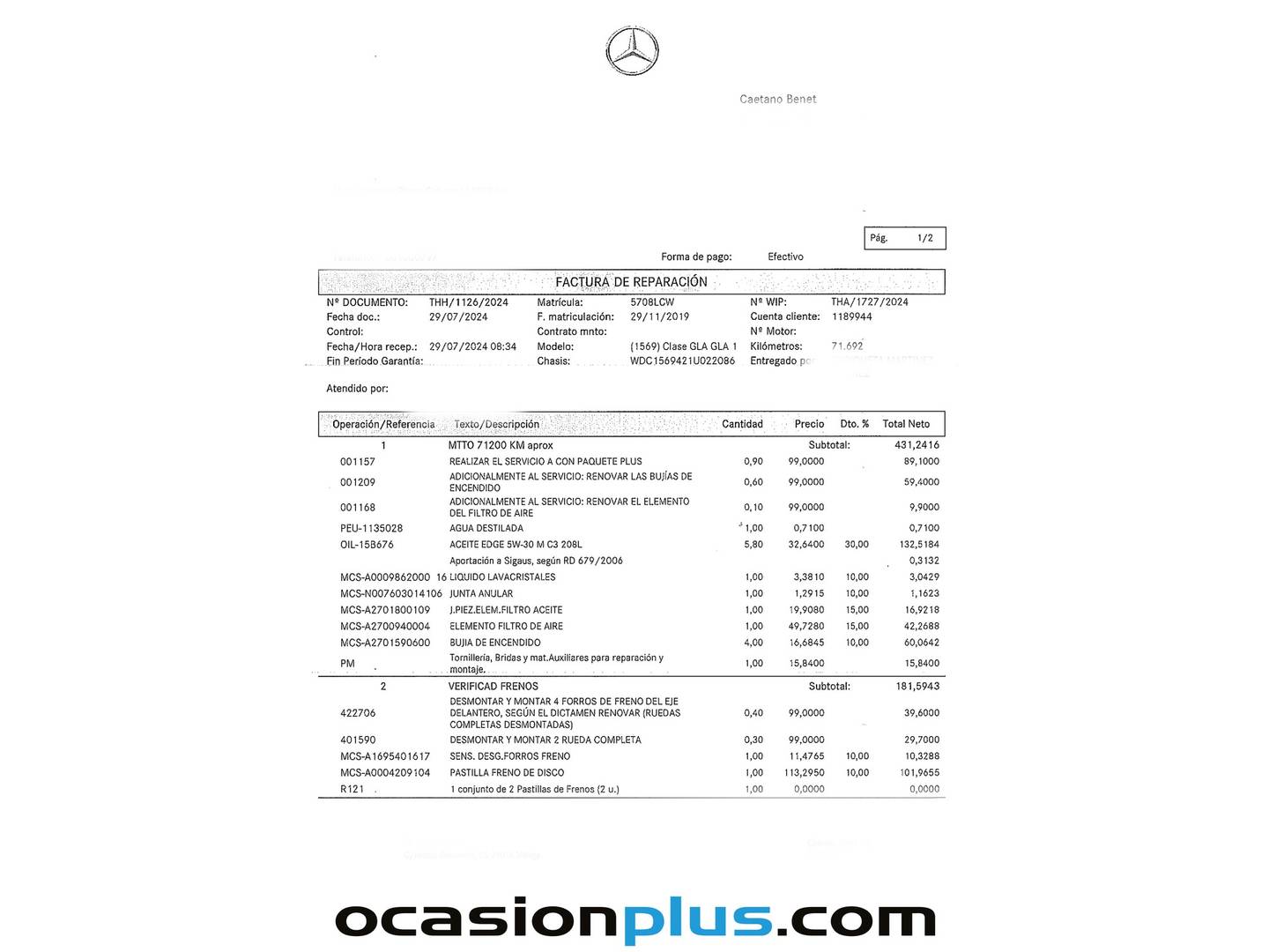 Foto del mantenimiento del Mercedes GLA Mercedes GLA 180 (122 CV) Pack AMG