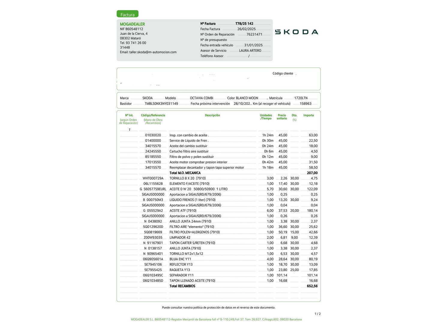 Foto del mantenimiento del Skoda Octavia Skoda Octavia Combi 2.0 TSI 140kW(190CV) DSG 4X4 Scout