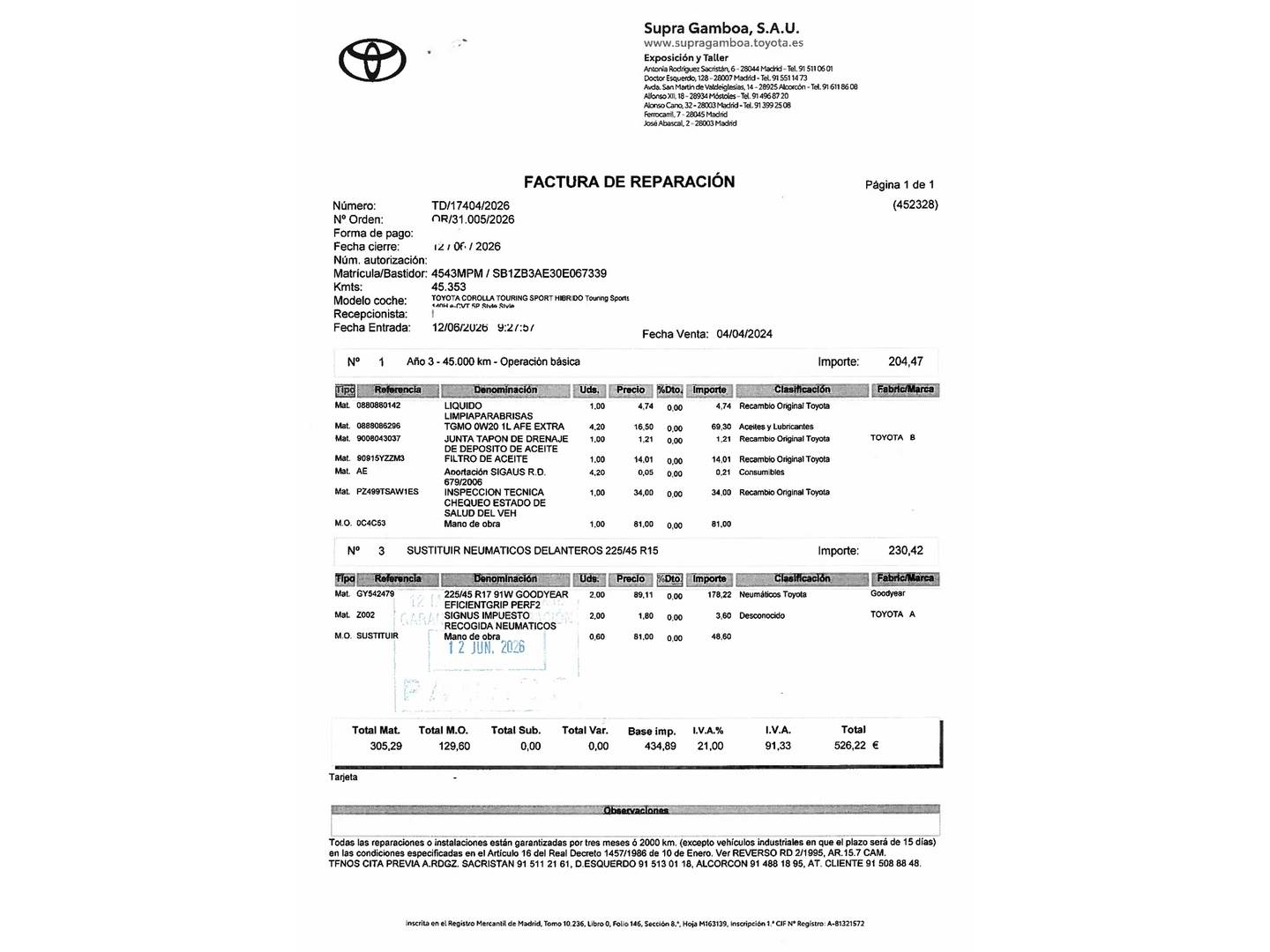 Foto del mantenimiento del Toyota Corolla Toyota Corolla 140H Touring Sport Style Edition Auto (140 CV)