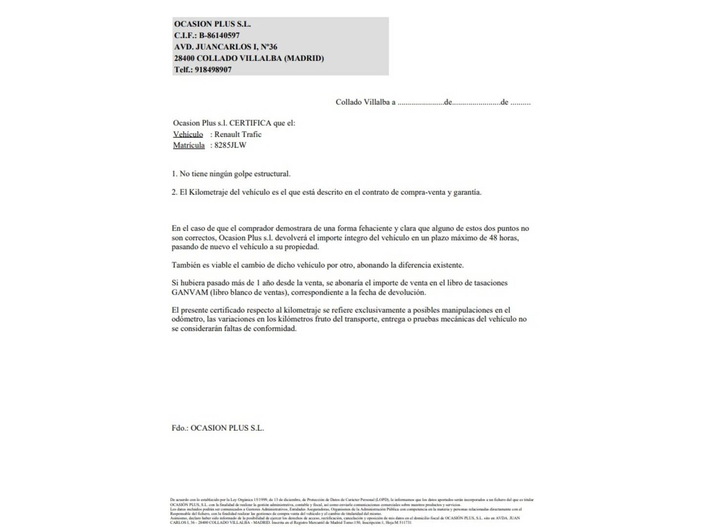 Foto del certificado del Renault Trafic Renault Trafic Furgon Furgon dCi 115 29 L1H1 (115 CV)