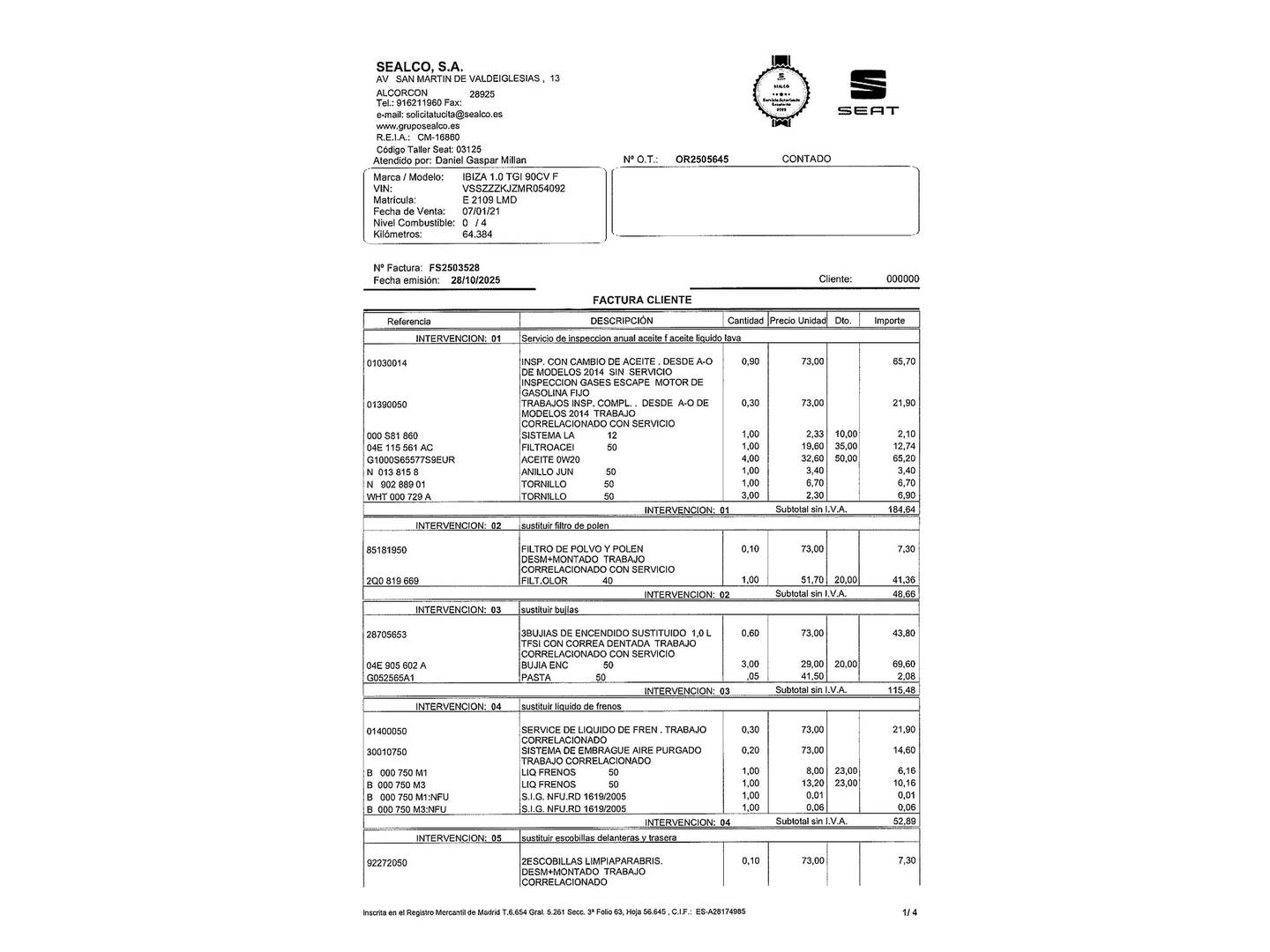 Foto del mantenimiento del Seat Ibiza Seat Ibiza 1.0 TGI FR (90 CV)