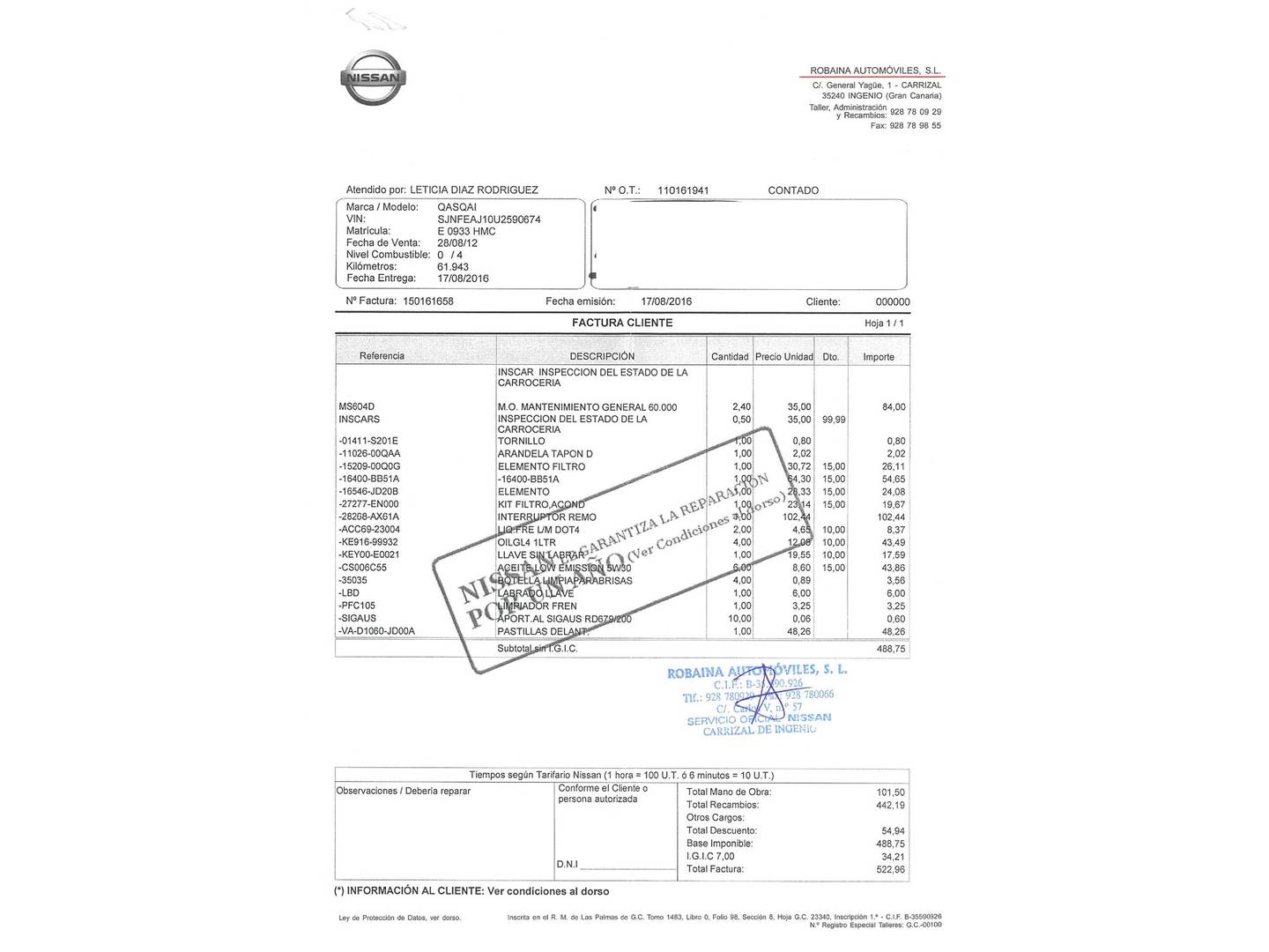 Foto del mantenimiento del Nissan QASHQAI Nissan Qashqai dCi 130 S&S Acenta 4x2 (130 CV)
