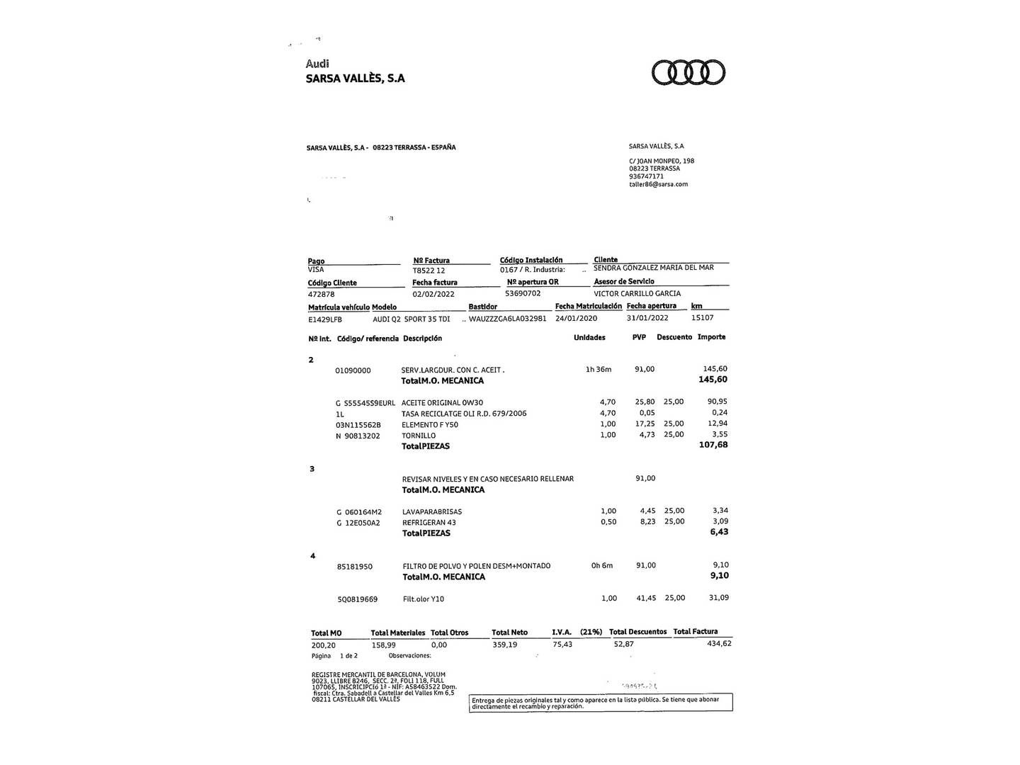 Foto del mantenimiento del Audi Q2 Audi Q2 sport 35 TDI (150 CV) S tronic