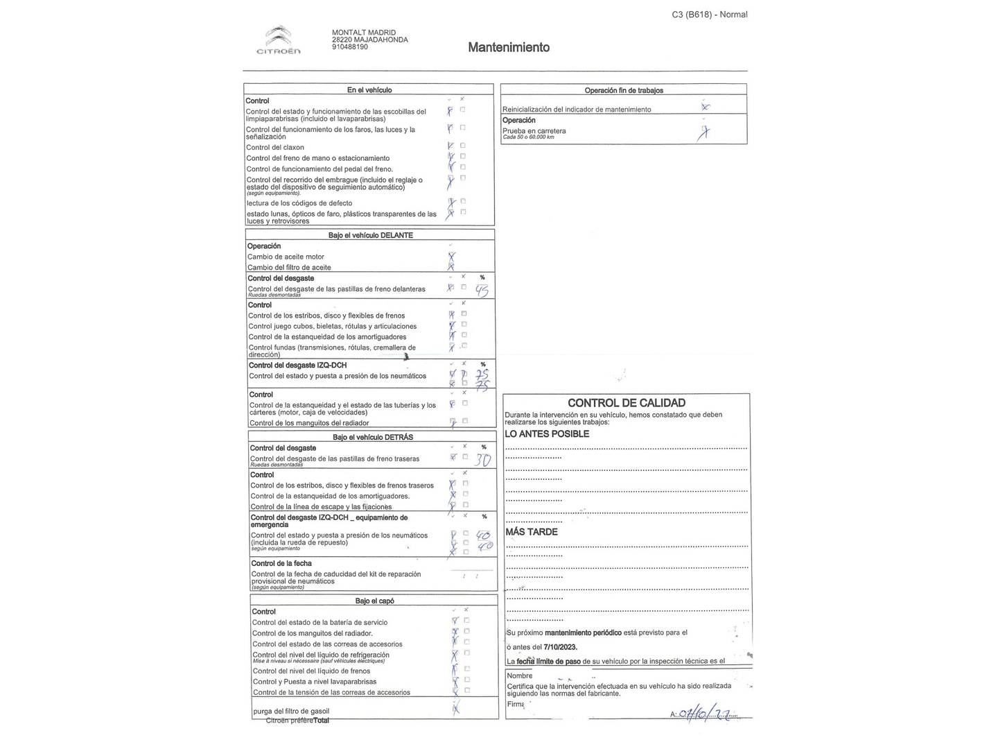 Foto del mantenimiento del Citroën C3 Citroën C3 BlueHDi 100 S&S Feel (99 CV)