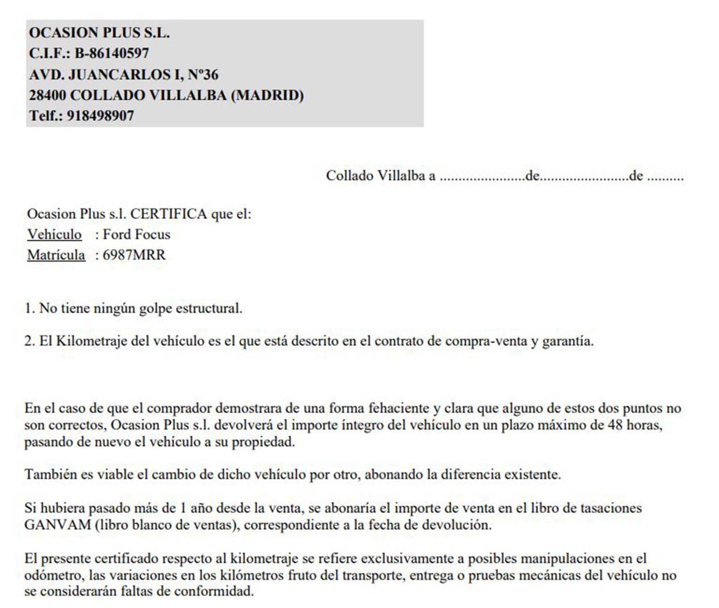 Foto del certificado del Ford Focus Ford Focus 1.0 Ecoboost MHEV ST-Line Auto (155 CV)