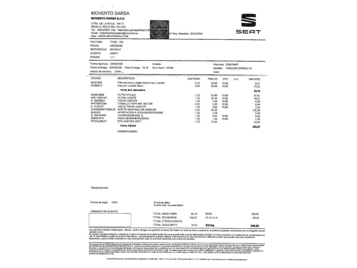 Foto del mantenimiento del Seat León Seat León ST ST 1.5 eTSI S&S FR Special Edition Vision DSG (150 CV)