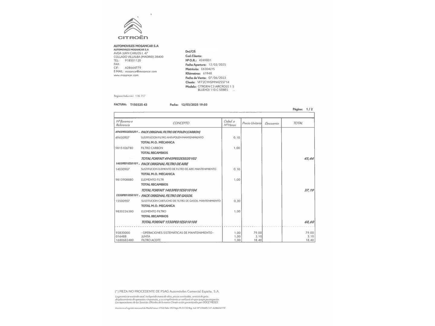 Foto del mantenimiento del Citroën C3 Aircross Citroen C3 Aircross BlueHDi 110 S&S C-Series (110 CV)