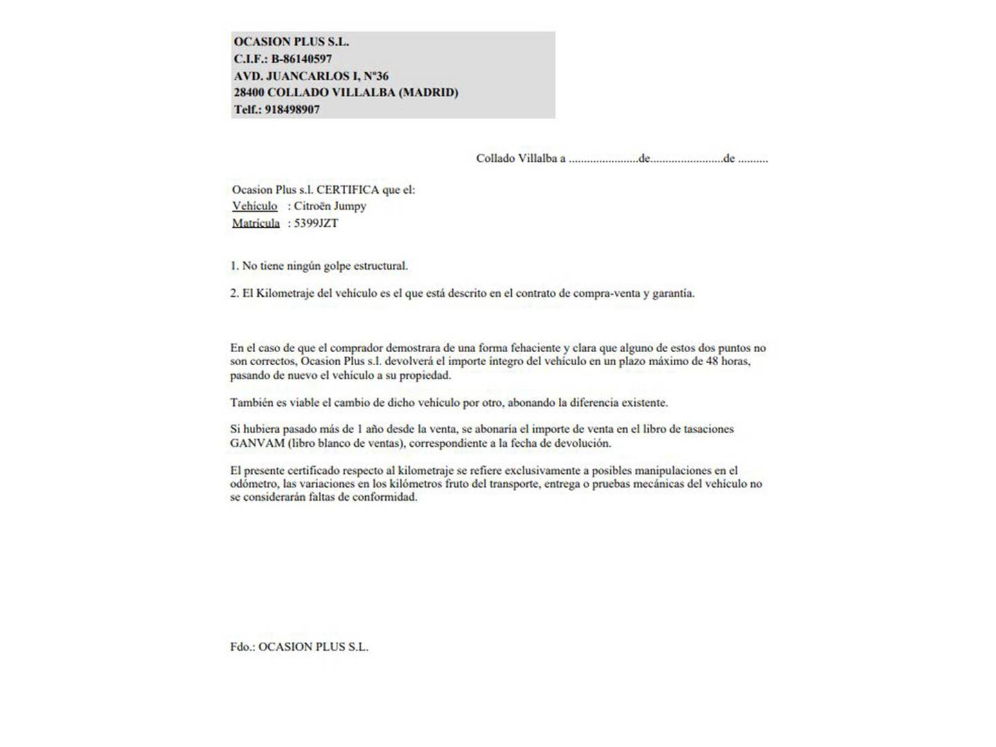 Foto del certificado del Citroën Jumpy Citroën Jumpy Furgon BlueHDI 120 Talla XL Confort (122 CV)