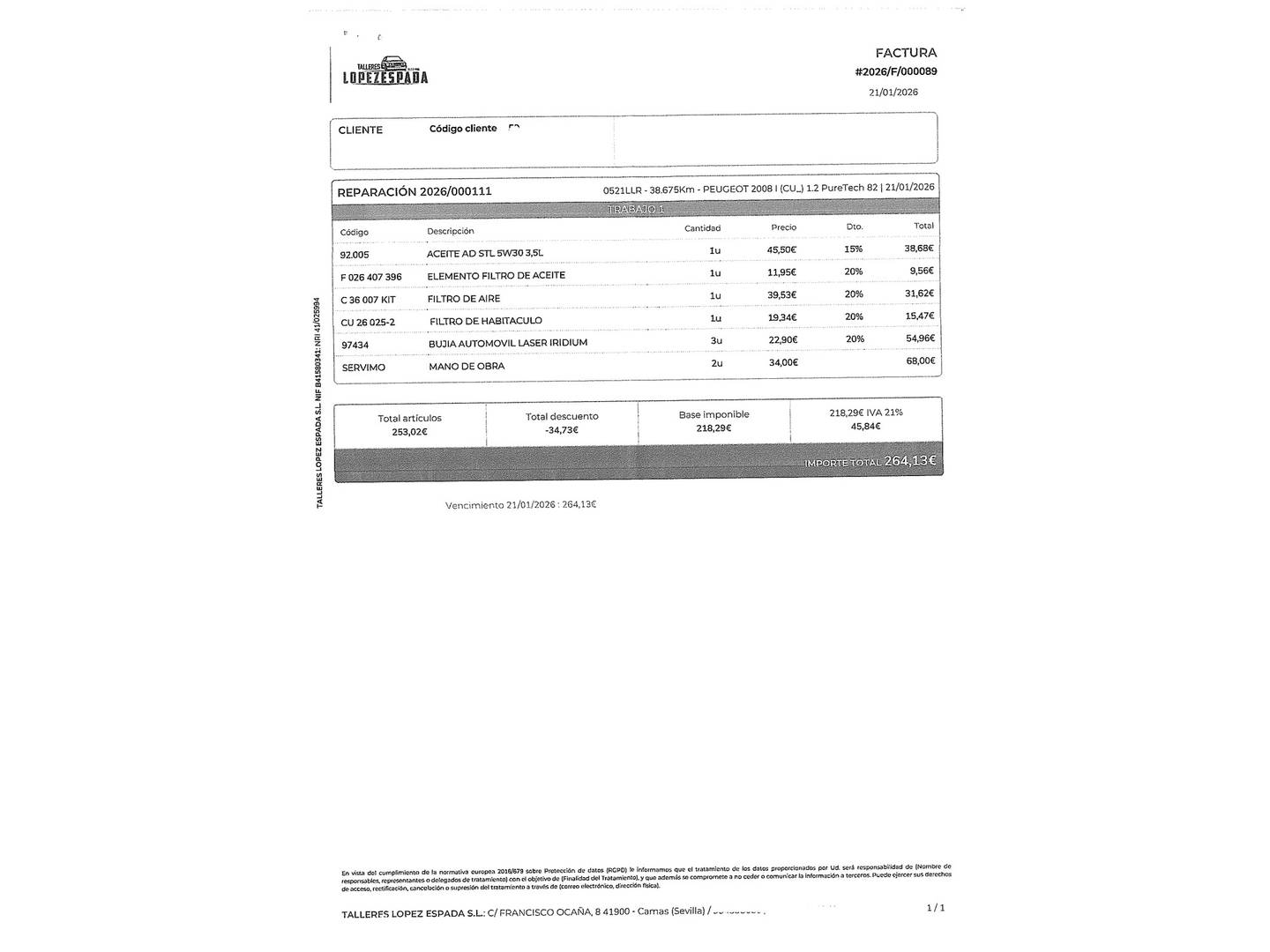 Foto del mantenimiento del Peugeot 2008 Peugeot 2008 PureTech 100 S&S Active (100 CV)