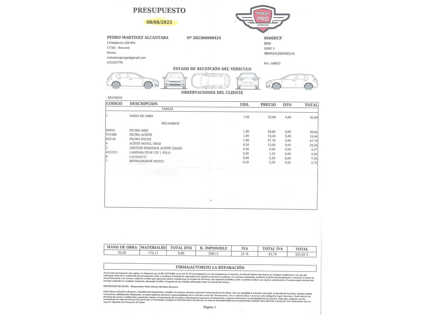Foto del mantenimiento del BMW Serie 3 BMW Serie 3 320i (170 CV)