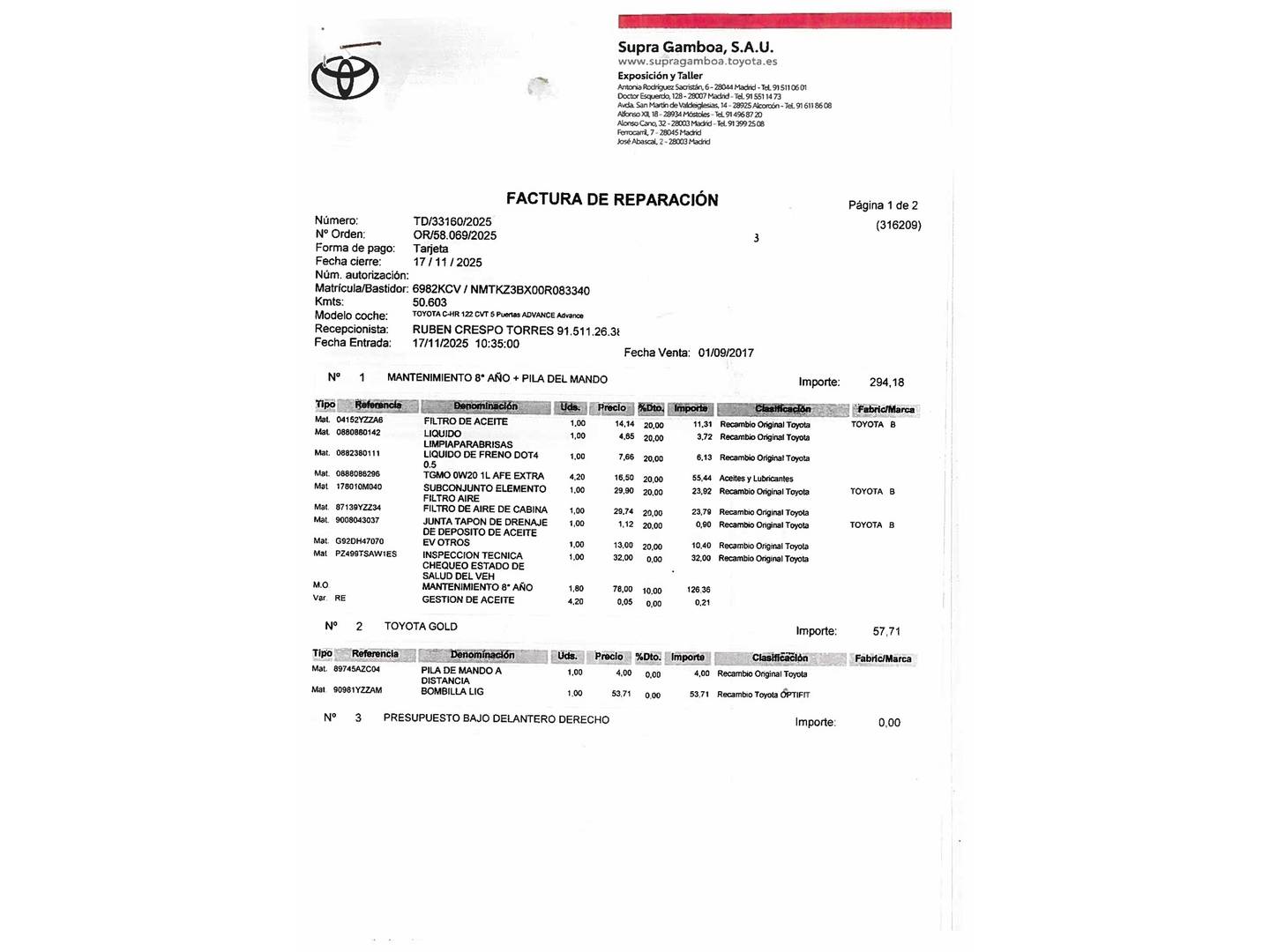 Foto del mantenimiento del Toyota C-HR Toyota C-HR 1.8 125H Advance (122 CV)