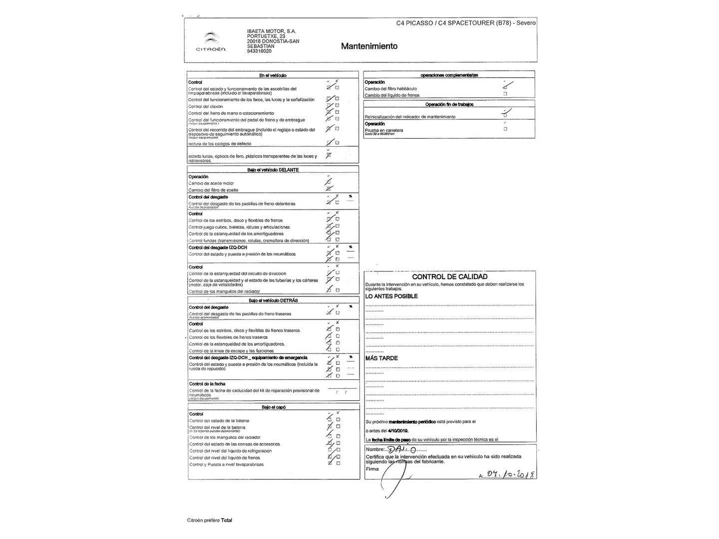 Foto del mantenimiento del Citroën C4 Picasso Citroën C4 Picasso PureTech 130 S&S Seduction (130 CV)