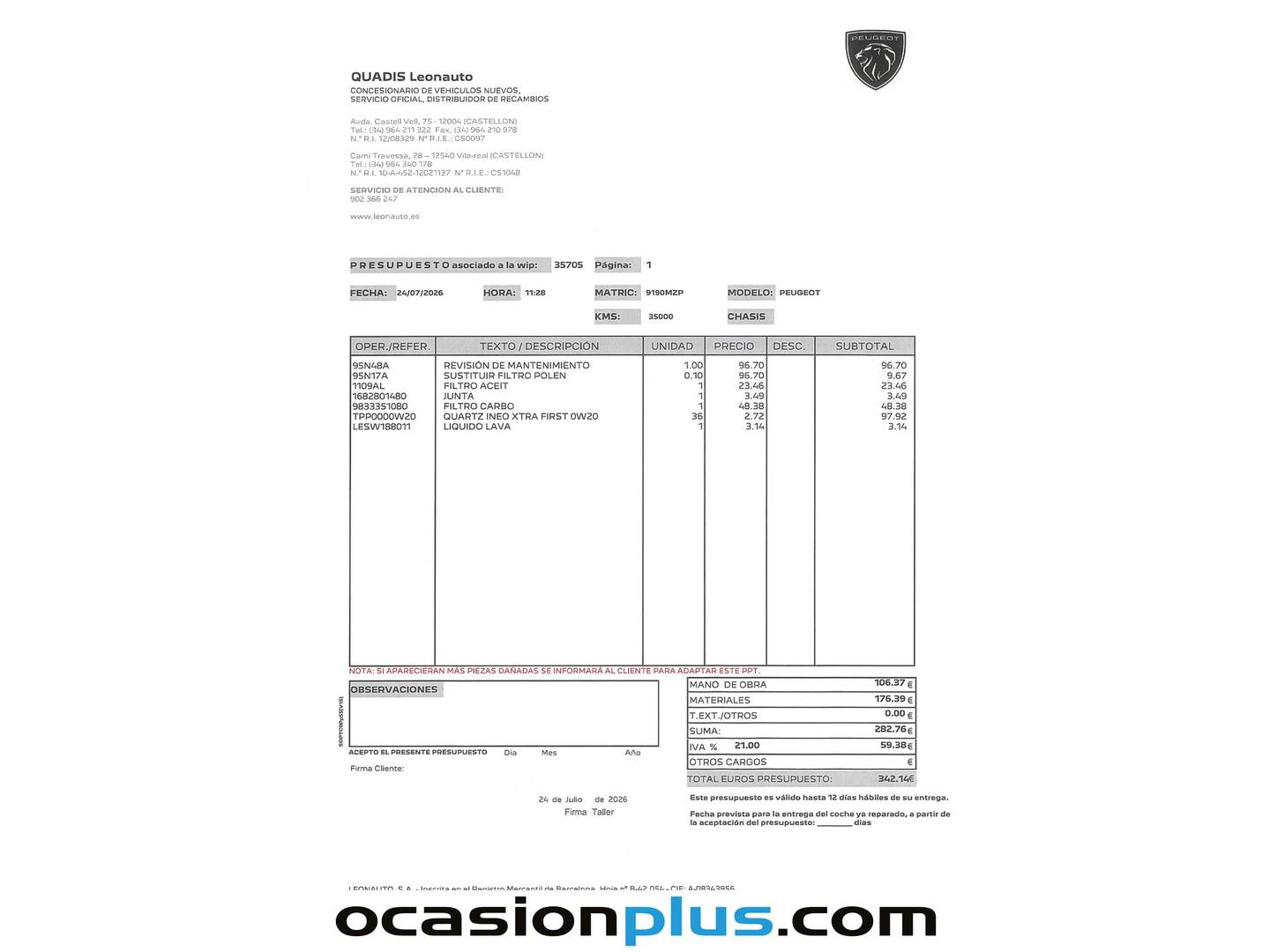 Foto del mantenimiento del Peugeot 2008 Peugeot 2008 Allure Hybrid eDCS6 (145 CV)