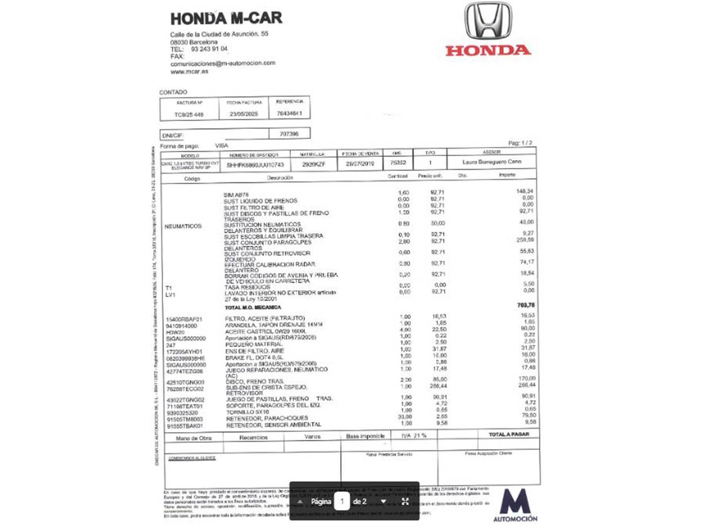 Foto del mantenimiento del Honda Civic Honda Civic 1.0 I-VTEC Elegance CVT  (129 CV)