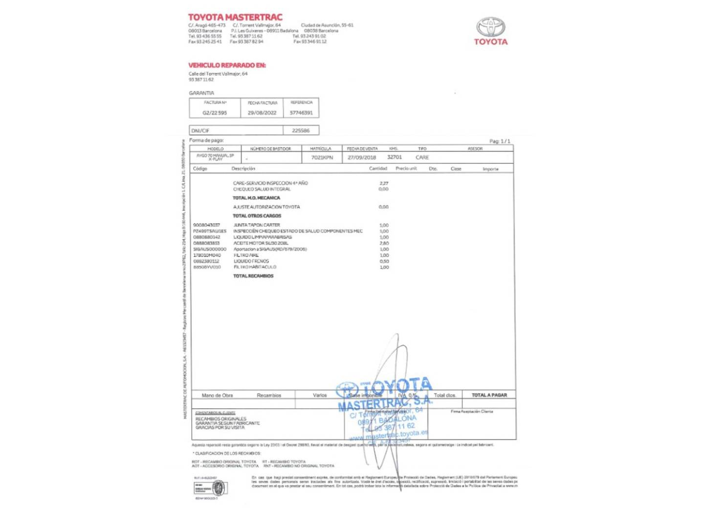 Foto del mantenimiento del Toyota Aygo Toyota Aygo 1.0 70 x-play (72 CV)
