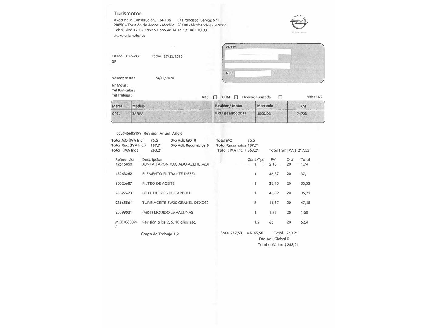 Foto del mantenimiento del Opel Zafira Tourer Opel Zafira Tourer 1.6 CDTi S&S Excellence (136 CV) 7 Plazas